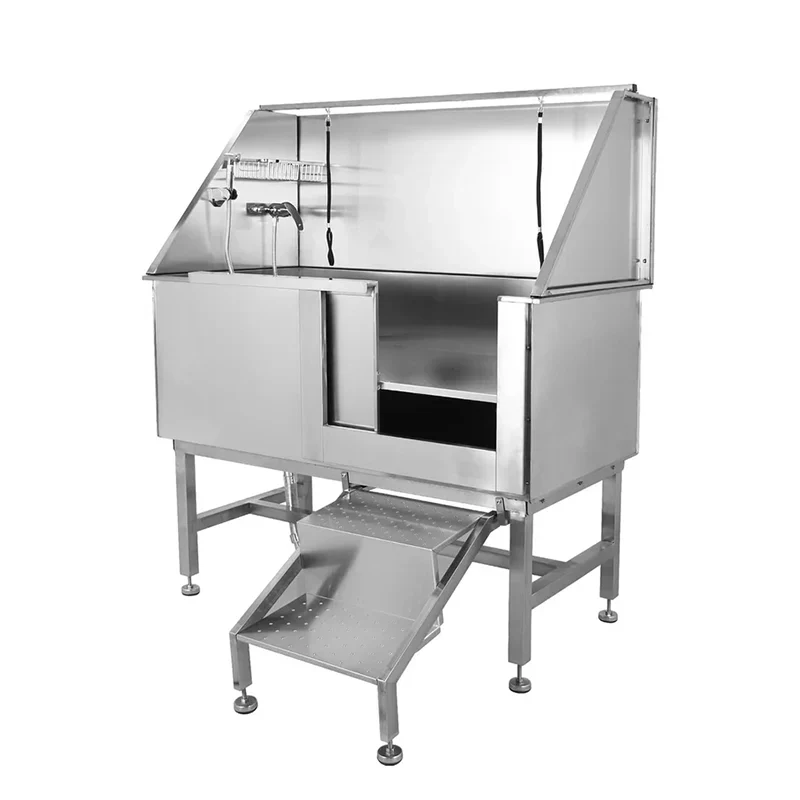 Professional Stainless Steel Dog Grooming Tub with Ramp, Faucet & Sprayer – 50” Pet Wash Station