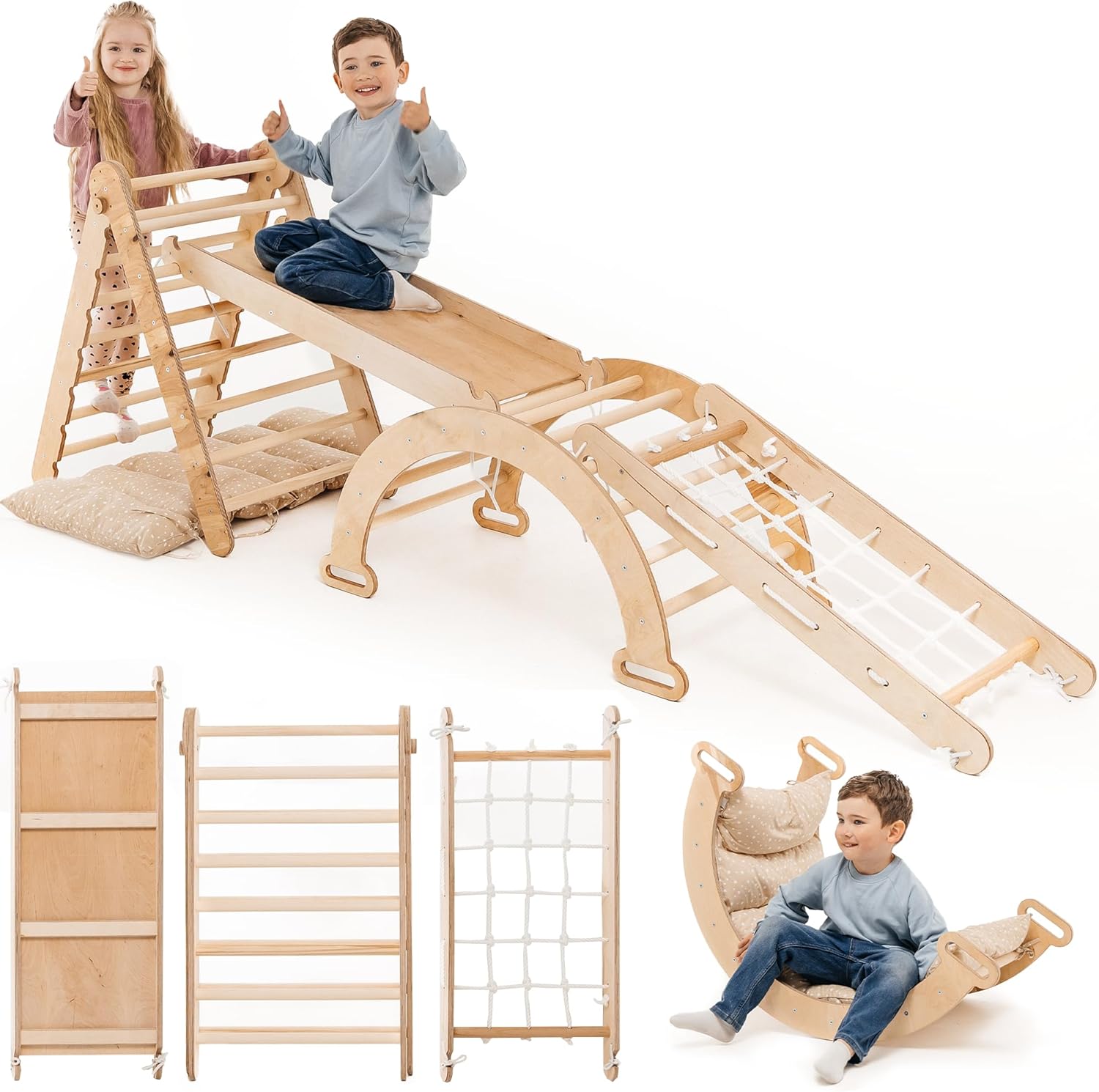 Zestaw wspinaczkowy 5 w 1 Montessori - drewniana siłownia z trójkątną drabinką i łukiem oraz rampą wspinaczkową, siatką i poduszką - rama wspinaczkowa dla maluchów w wieku 1-7 lat w rozmiarze XL