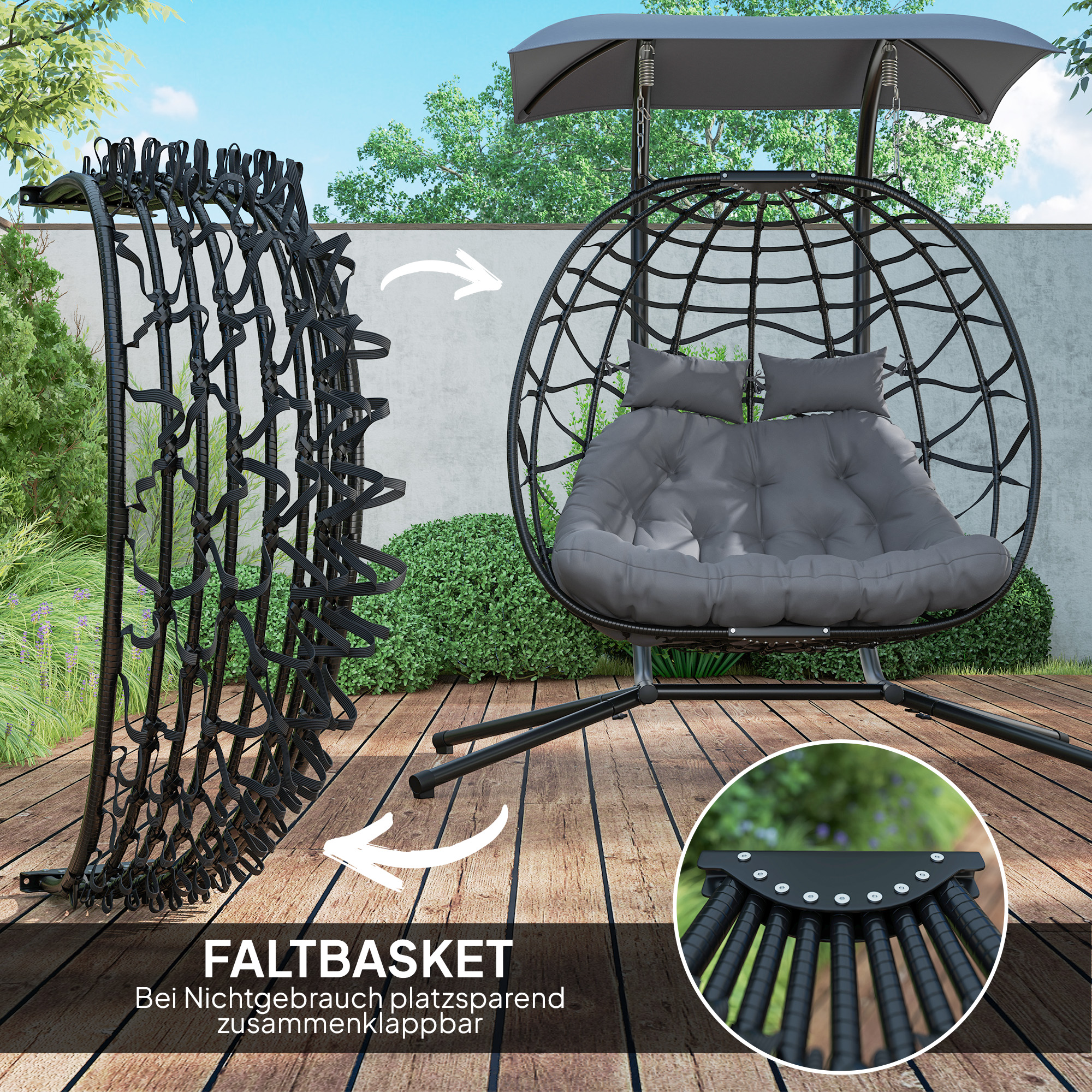 Hangstoel, Opvouwbare Mandstoel met Kussen, Stalen Frame, Zonnedak, tot 260kg Belastbaar, Donkergrijs