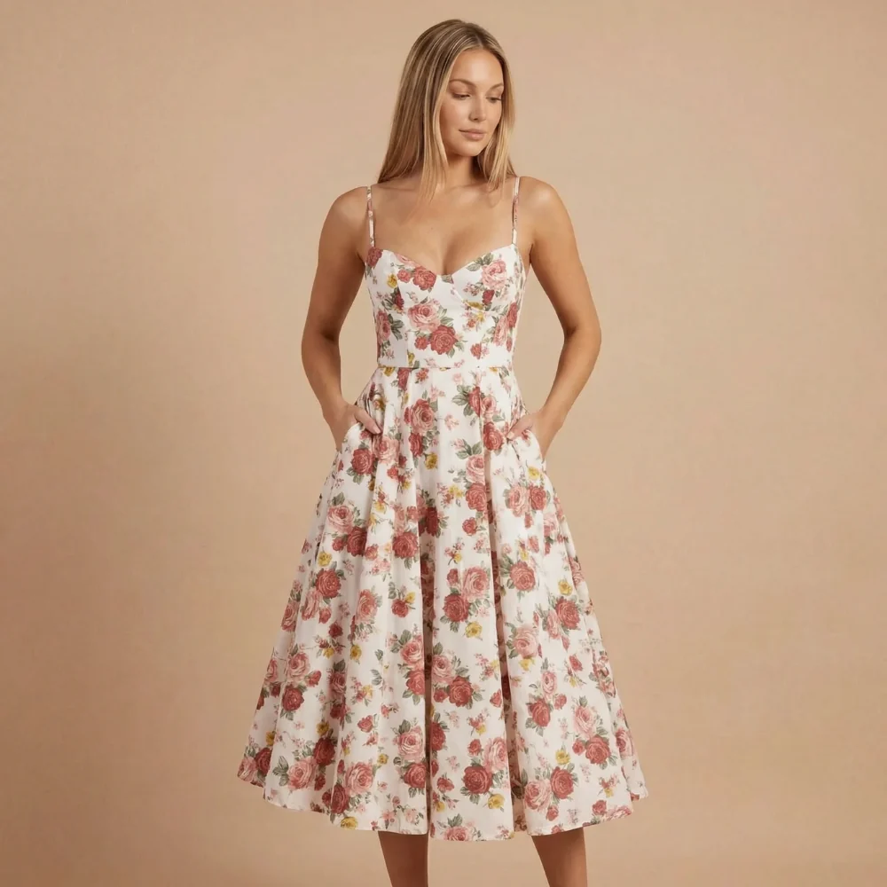 Damen Cocktail-Midikleid mit Herzausschnitt und ausgestelltem Rock