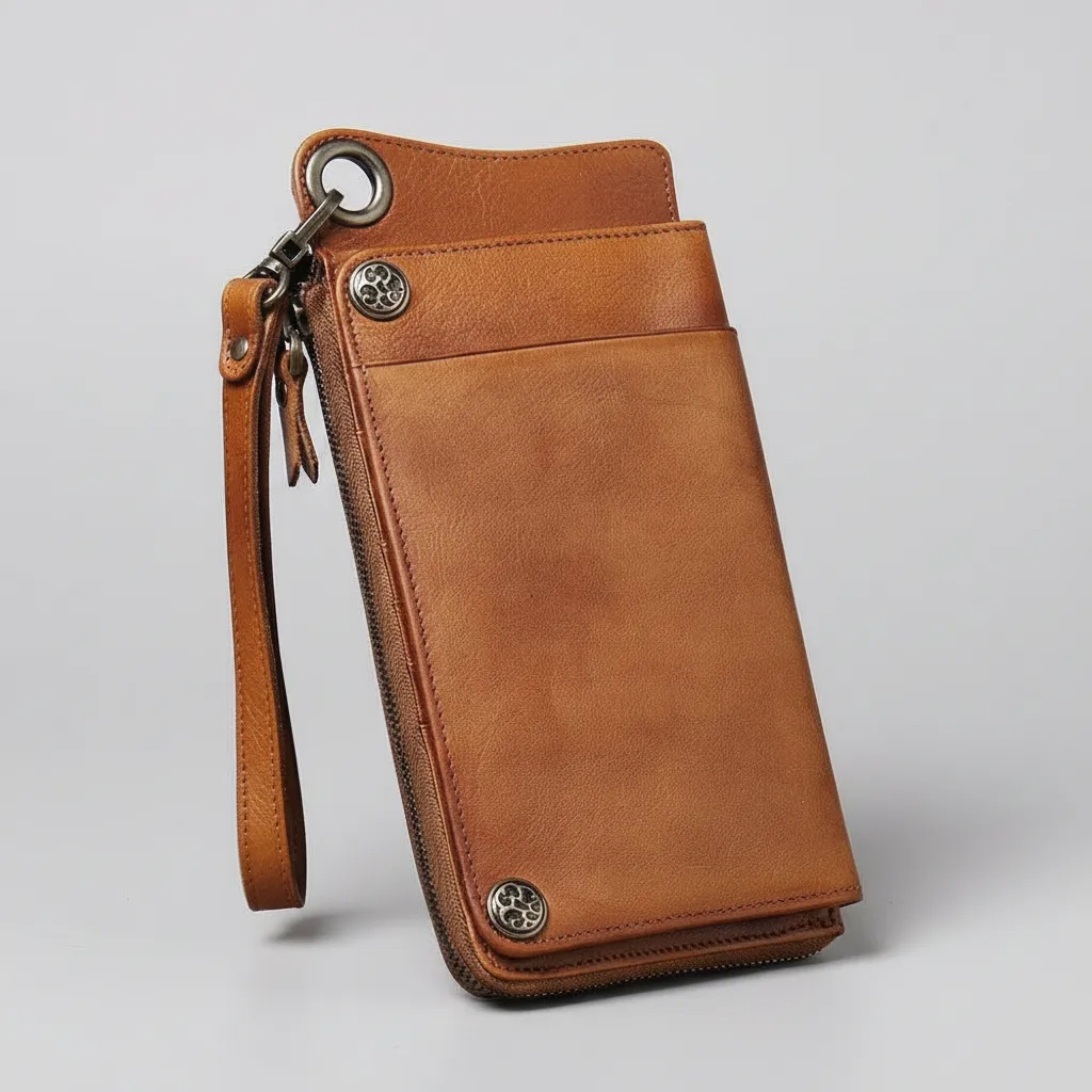 Personalized Hand-Distressed Brown Zip-Around Trifold Long Wallet