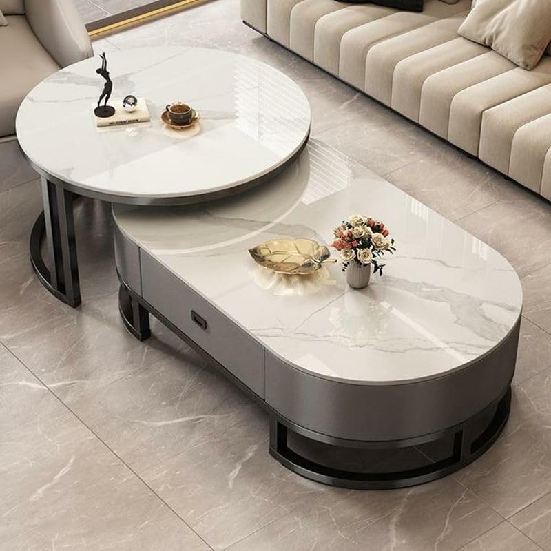 Ovaler Couchtisch aus Stein, 2er-Set, Wohnzimmer-Mitteltisch mit Schublade, Beistelltisch aus Glas, Schwarz/Grau – Grau, (99,9 cm L x 49,9 cm B x 40,6 cm H) + (69,9 cm L x 69,9 cm B x 45,7 cm H)