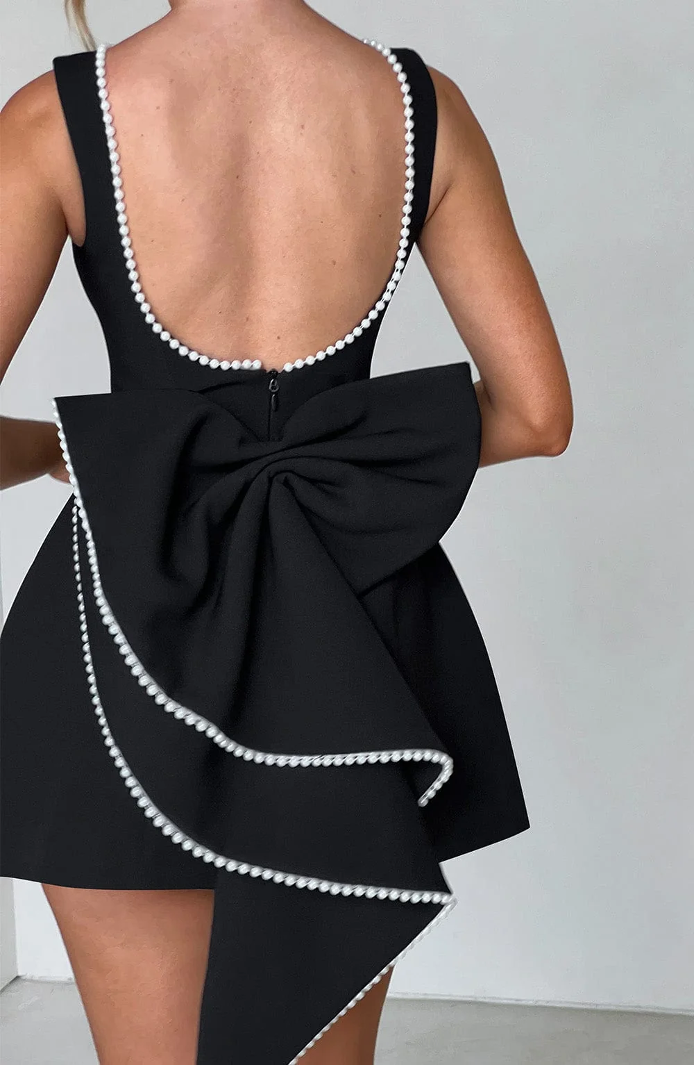 Damen Cocktailkleid Mini | Festliches A-Linien Kleid mit gro?er Schleife und Perlenbesatz | ?rmelloses kurzes Partykleid
