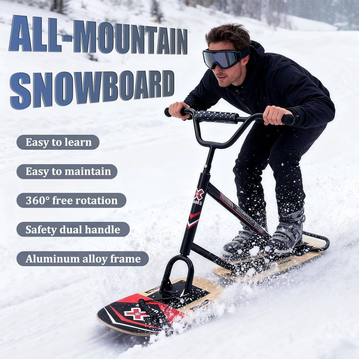 Snowscooter für Jugendliche und Erwachsene – Dual-Ski-Design & 360° drehbare Hinterkufen für einfache Kontrolle, Verstärkter Aluminiumrahmen mit Ahornholz-Deck, Trägt 100kg