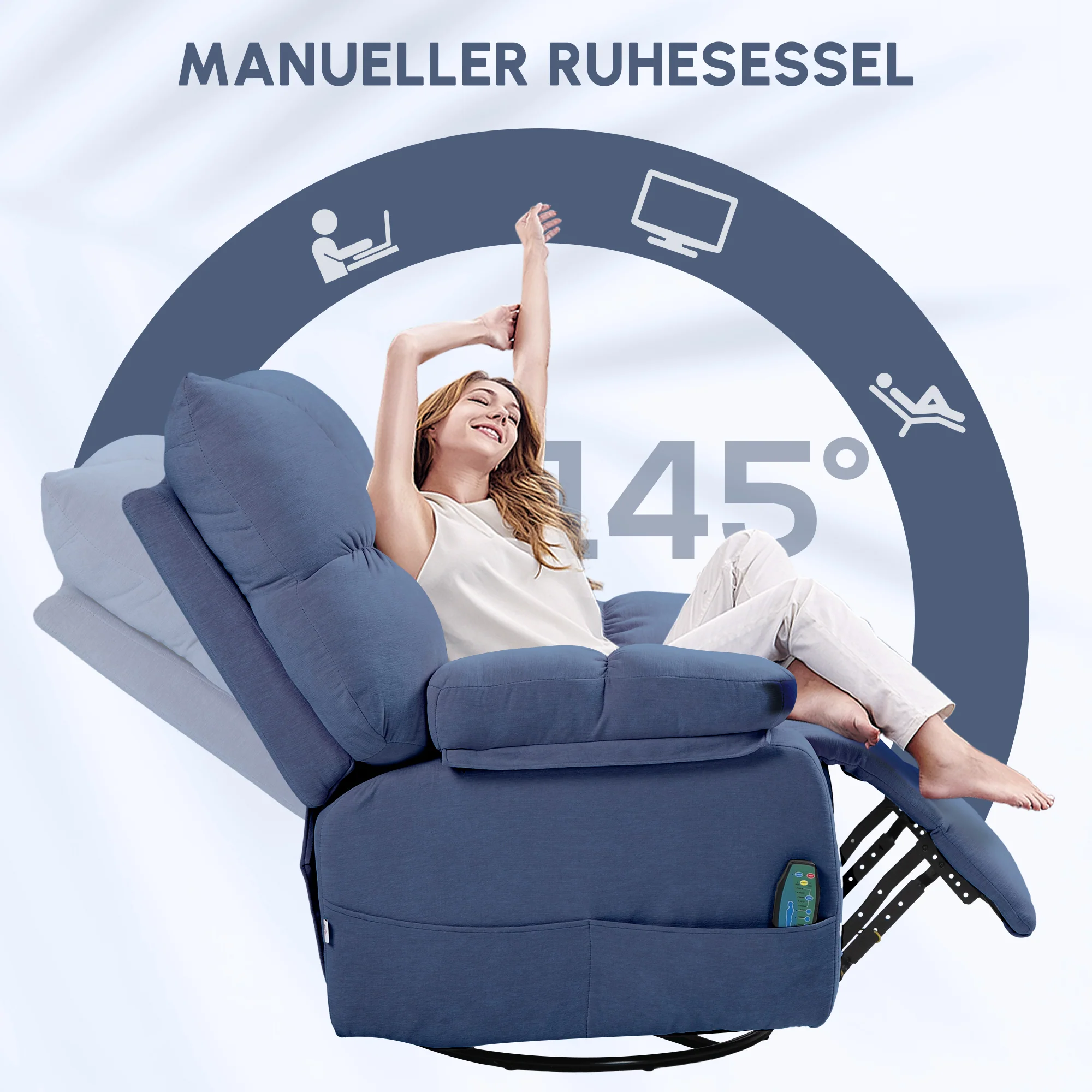 HOMCOM Massagestoel met Warmte- & Ligfunctie, Draaibaar, tot 150 kg, Metalen Frame, 98x90x98cm, Blauw