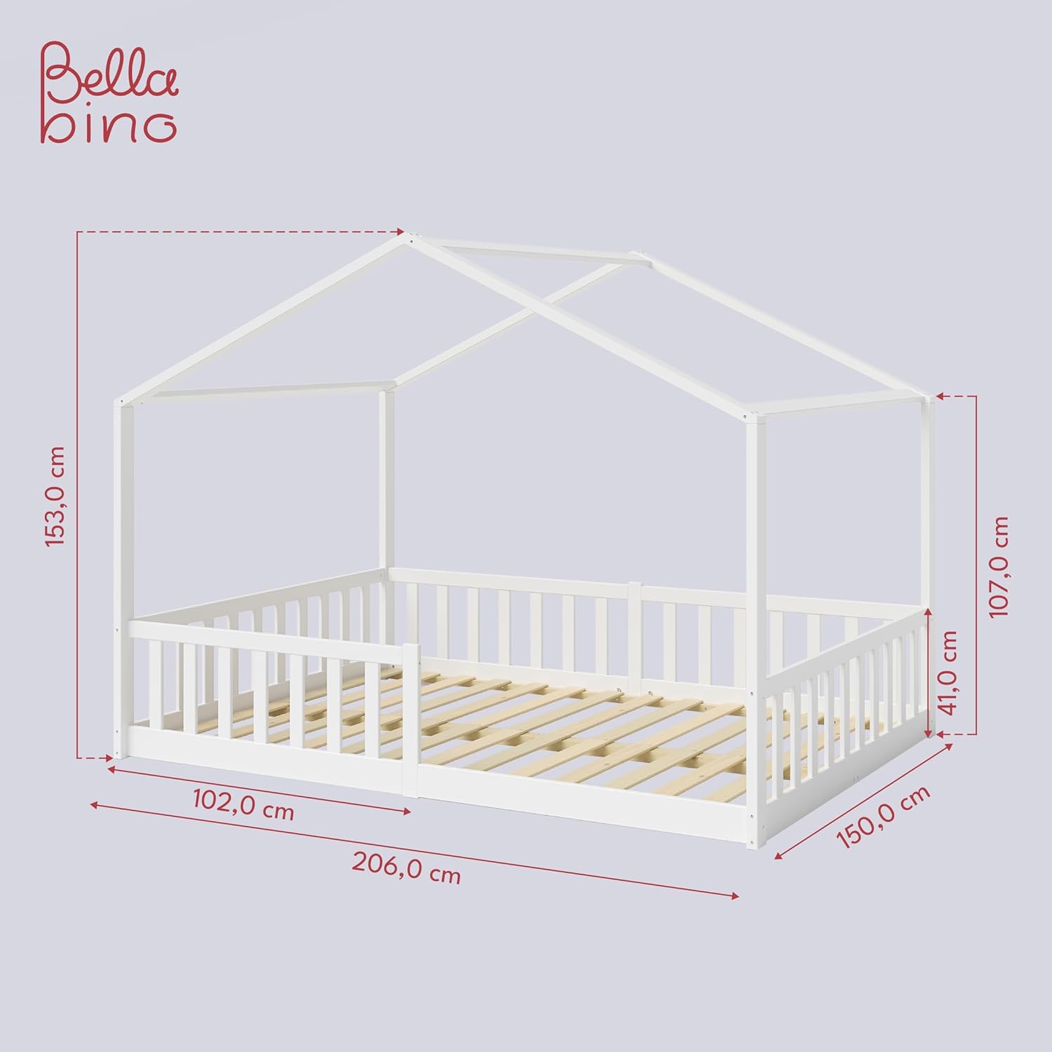 Bellabino Kinderbett Bia 140x200 cm, Hausbett Kinder inkl. Rausfallschutz und Rolllattenrost, Montessori Bodenbett weiß aus Massivholz Kiefer