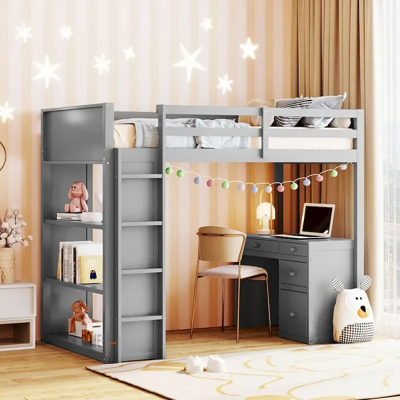 Twin Size Loft Bed with Ladder, Shelves, and Desk