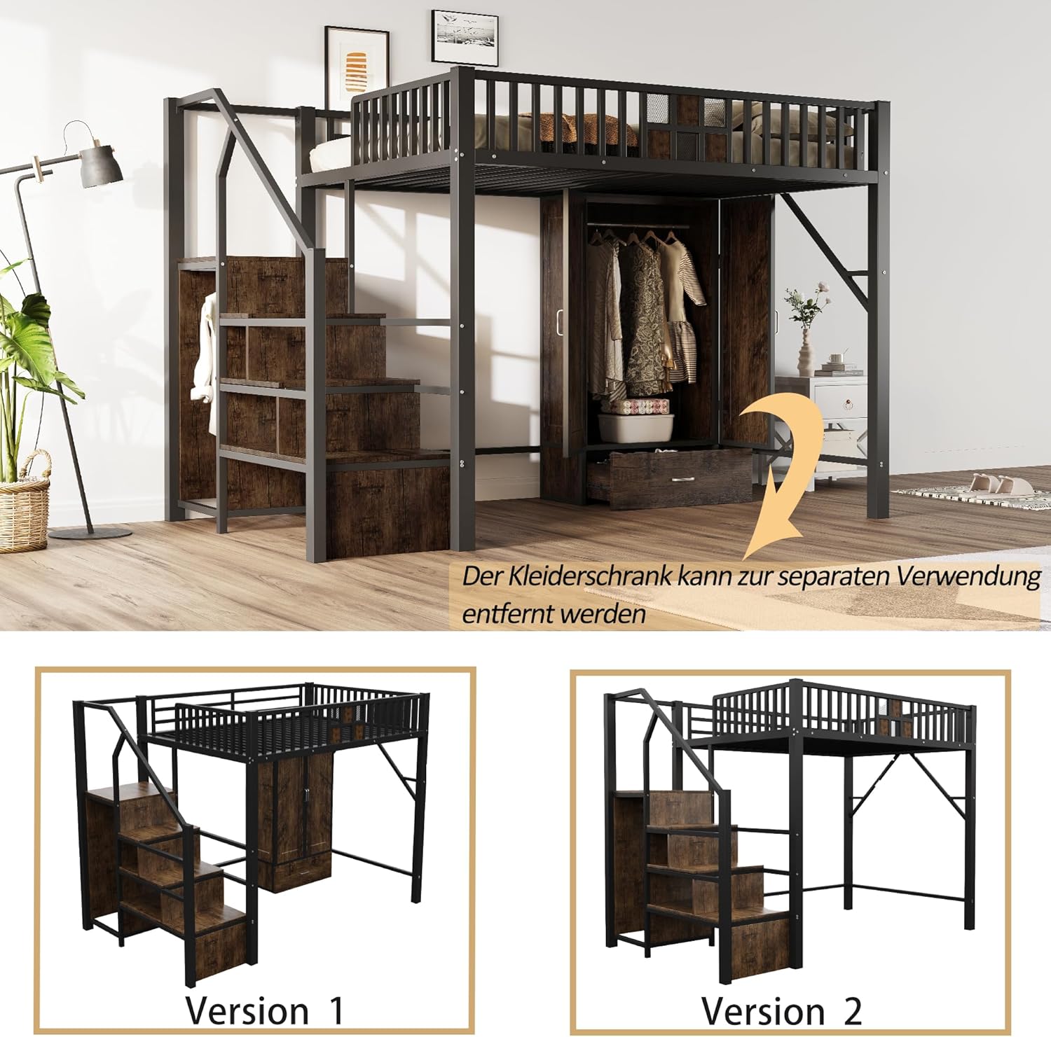 Merax Hochbett aus Metall, 140 x 200 cm, mit Drahtgitter, integriertem Schrank, Schubladen und Aufbewahrungsleiter, platzsparendes Kinderbett, modern und robust, schwarz (ohne Matratze)