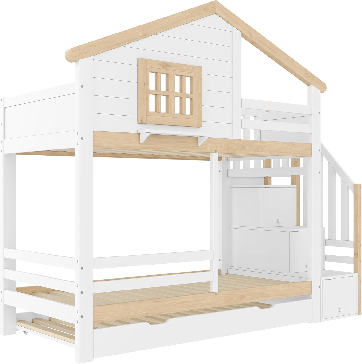 Kinderbett 90x200,Etagenbett für 2 Kinder,Hausbett Hochbett mit Ausziehbett&Treppe&Fenstern&Dach,Holzbett Stauraumbett Stockbett Jugendhochbett mit Rausfallschutz&Lattenrost,Ohne Matratze,Weiß+Natur