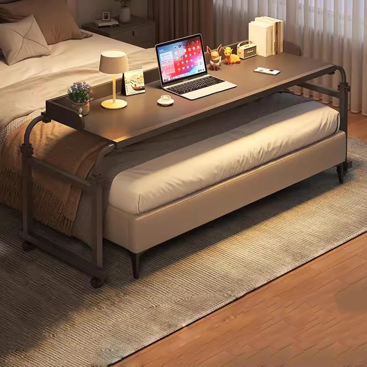 Biurko Nad Stołem, Rozciągliwy Leniwy Design Wózek Laptopa Z łóżka Z Kołami Z Kół Rolling Medical Workstation Biurko 115-210 Cm Składane Biurko(Color:drewno)
