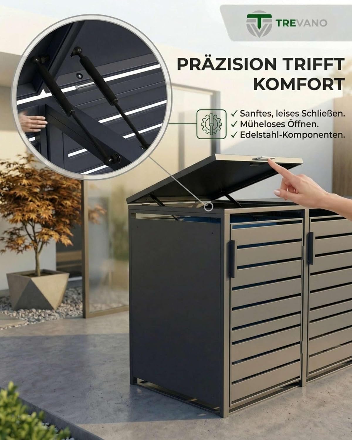 TREVANO Mülltonnenbox 3er 240l - Mülltonnenverkleidung 3 Tonnen Anthrazit - Robustes Mülltonnenhaus aus Stahl - Wetterbeständige Müllboxen für 3 Tonnen - Mülltonnen Unterstand 120l-240l