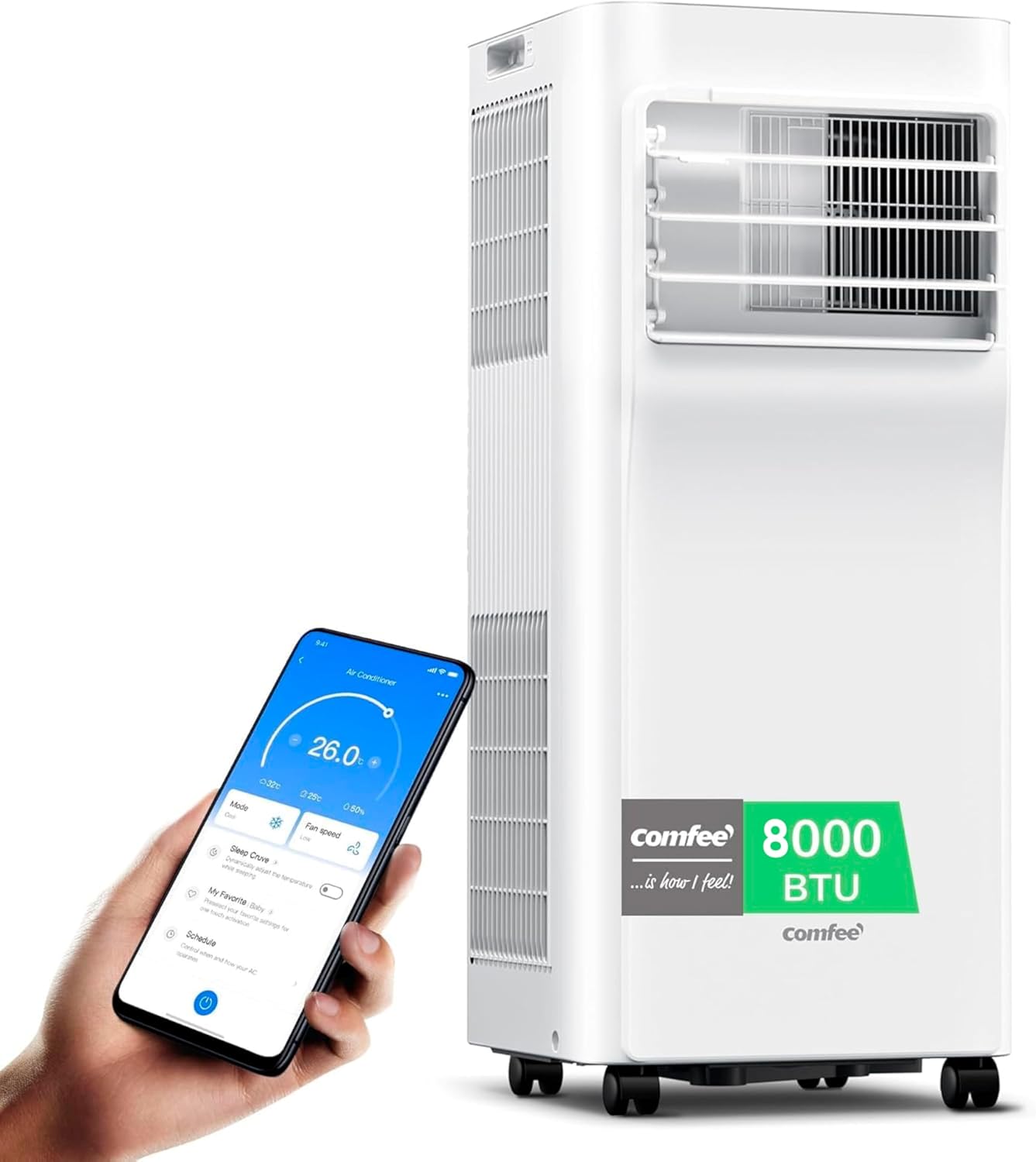 COMFEE Pingüino Aire Acondicionado Portátil 3 en 1 | 8000 BTU/2000 Frigorías Con App + Mando a Distancia | Climatizador y Deshumidificador | Bajo Consumo | Función Follow Me | Incluye kit de Ventana