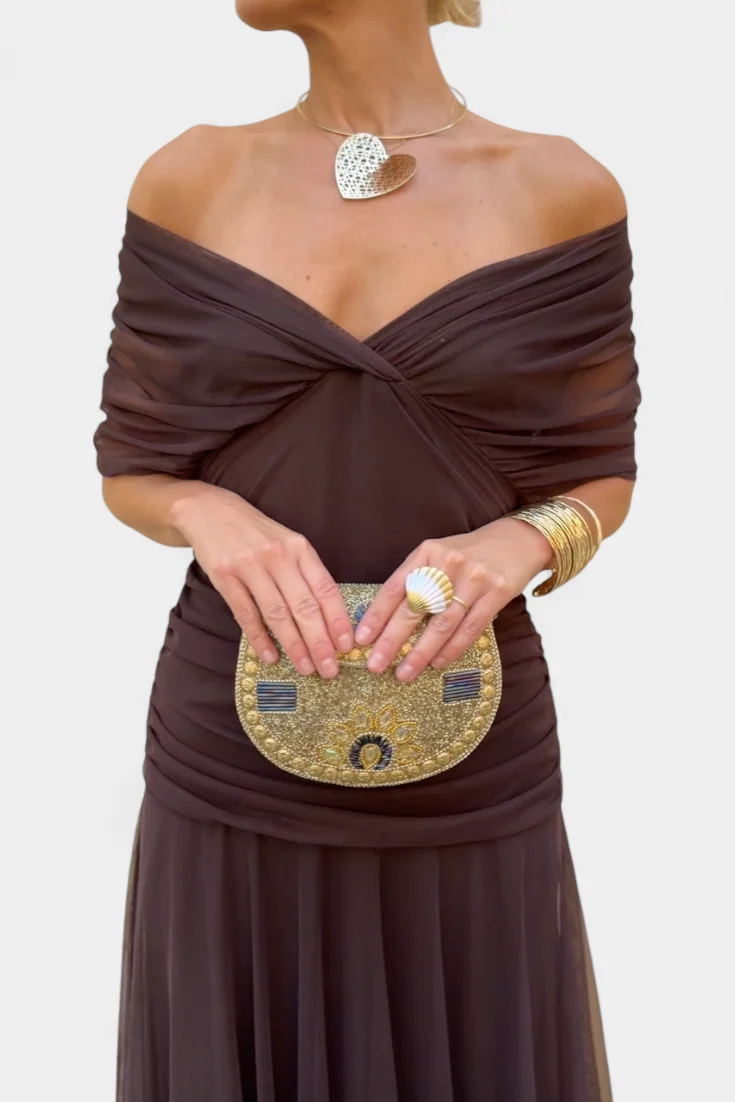 Schulterfreies gerafftes Maxikleid f��r Hochzeitsg?ste