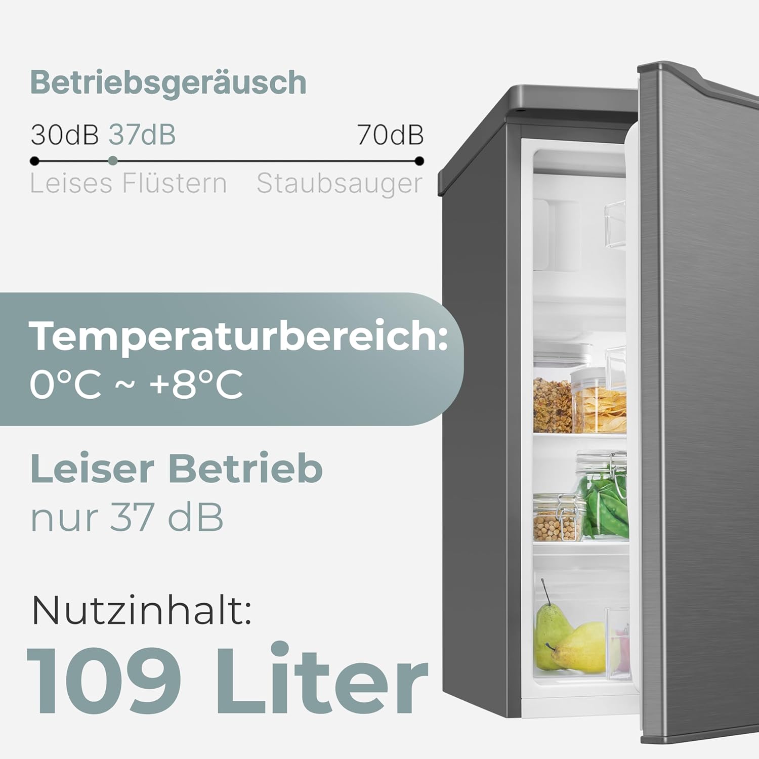 Clatronic Kühlschrank mit Gefrierfach Energieklasse C 85cm Kühl schrank klein leise 37dB Türanschlag wechselbar 0°C - 8°C 109L Fridge kleiner Kühl-schrank KS 101 inox