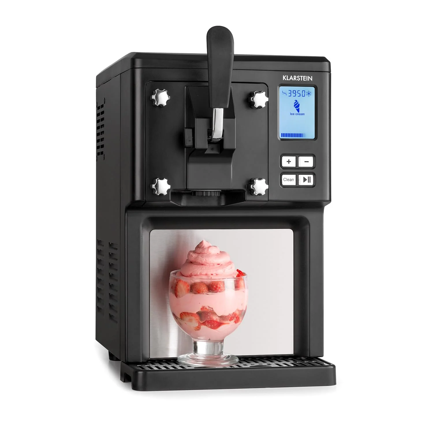 Klarstein Sweet Sundae - IJsmachine, 1,5 liter, met zelfkoelende compressor, 200 watt, doseersysteem, 3 uur automatische koelhoudfunctie, reinigingsautomaat, roestvrij staal, zwart