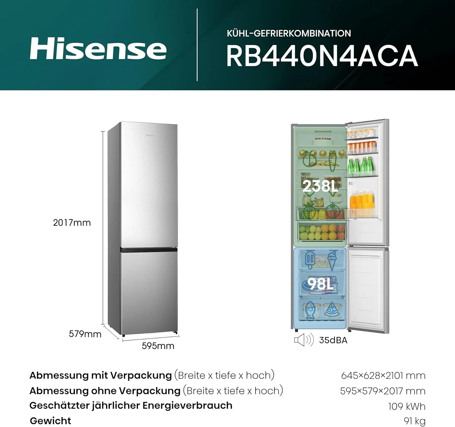 Hisense RB327N4ADD Koelvriescombinatie, EEK D, Total NoFrost, Verwisselbare Deurscharnieren, Flessenrek, 171 Liter Koelgedeelte, 85 Liter Vriesgedeelte, Roestvrijstalen look
