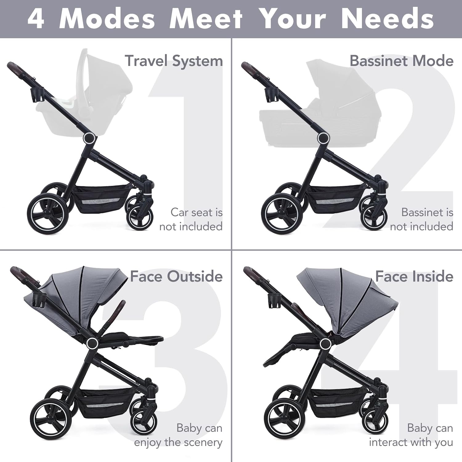 3 in 1 Kinderwagen Set mit umkehrbarem Sport-Sitz, Babywanne & Buggy – Ein-Klick-Zusammenklappbar, Leicht & Tragbar mit Großem Regenschutz
