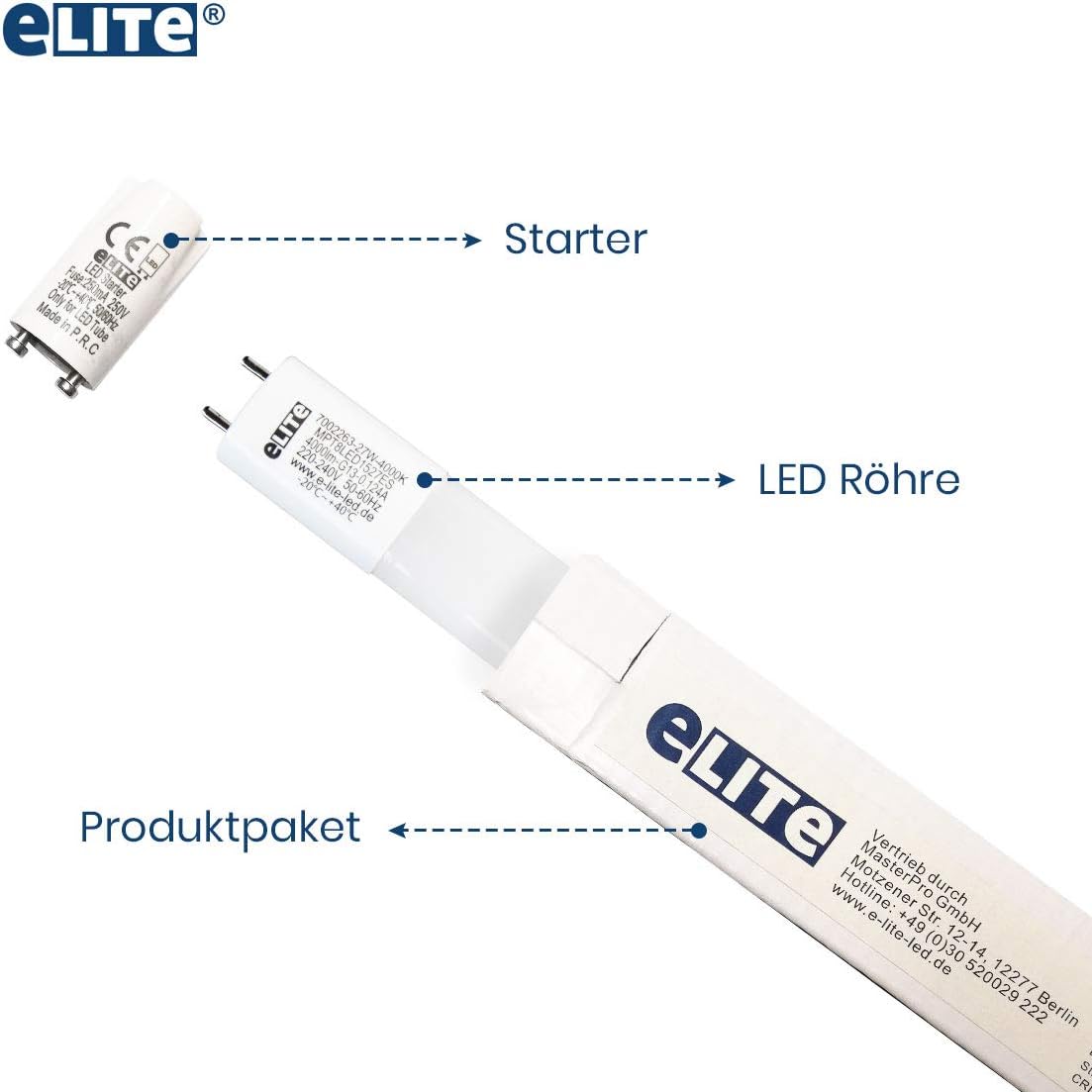 eLITe LED Röhre T8, 60cm, ultra hell, 1050lm, 8W, 865, 6500 Kelvin, Tageslichtweiß, 330 Grad, homogenes Licht, Glas, langlebig 50.000h, 5 Jahre Garantie, für Rasterleuchten geeignet, 25 Stück