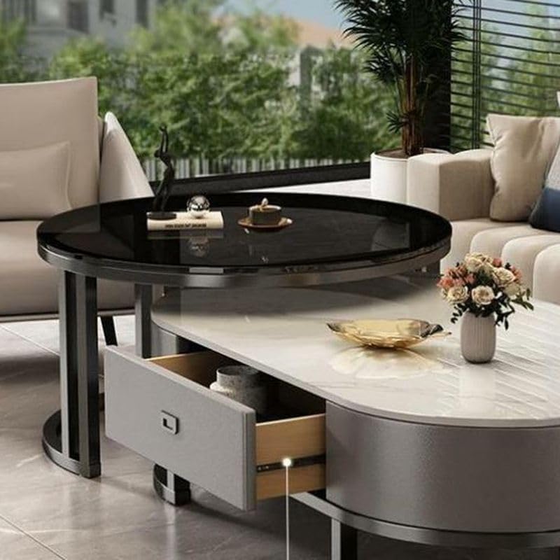 Ovaler Couchtisch aus Stein, 2er-Set, Wohnzimmer-Mitteltisch mit Schublade, Beistelltisch aus Glas, Schwarz/Grau – Grau, (99,9 cm L x 49,9 cm B x 40,6 cm H) + (69,9 cm L x 69,9 cm B x 45,7 cm H)