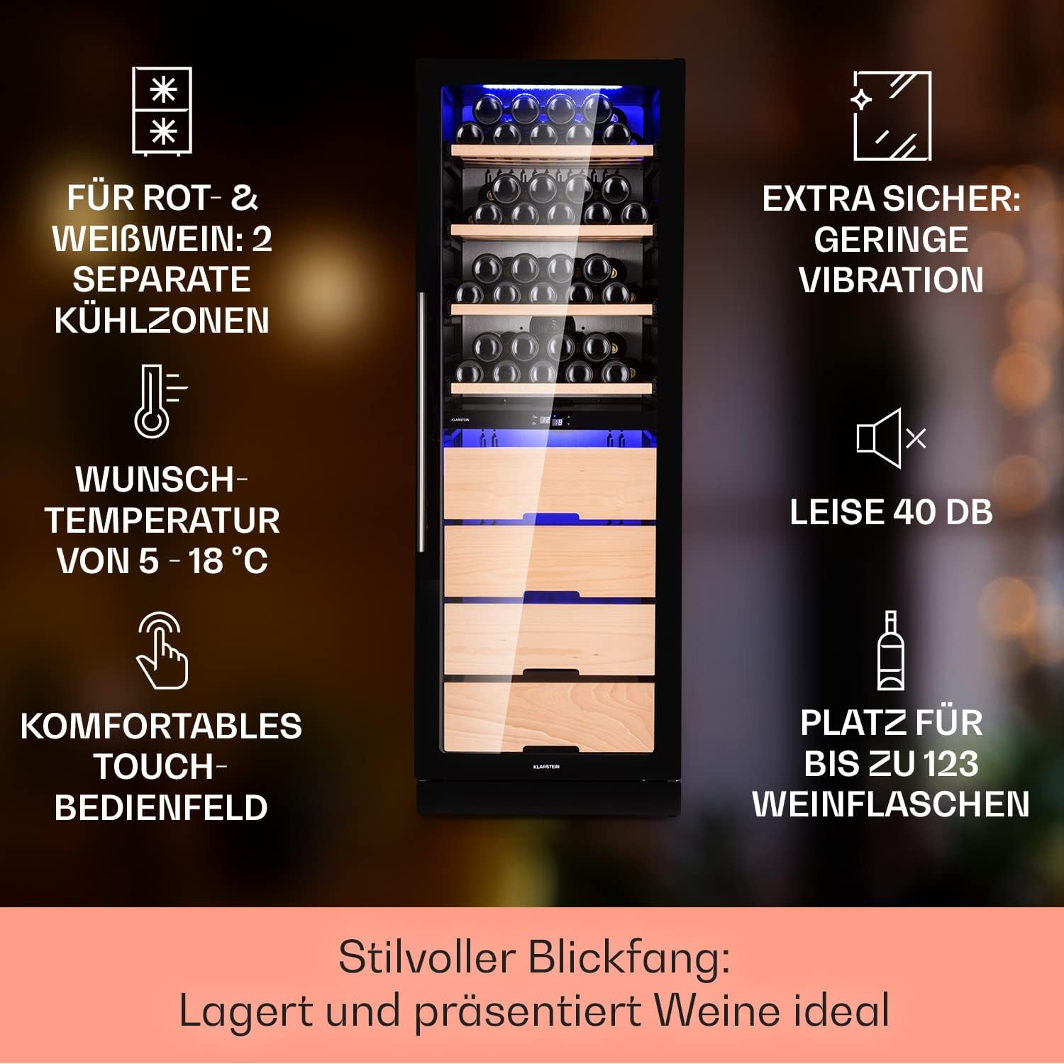 Klarstein Weinkühlschrank, Getränkekühlschrank Schmal, 2 Zonen Kühlschrank mit Glastür, Getränkekühlschränke Freistehend, Weinkühlschrank Klein, Weinkühlschränke mit UV-Schutz, 5-18°C, 123 Flaschen