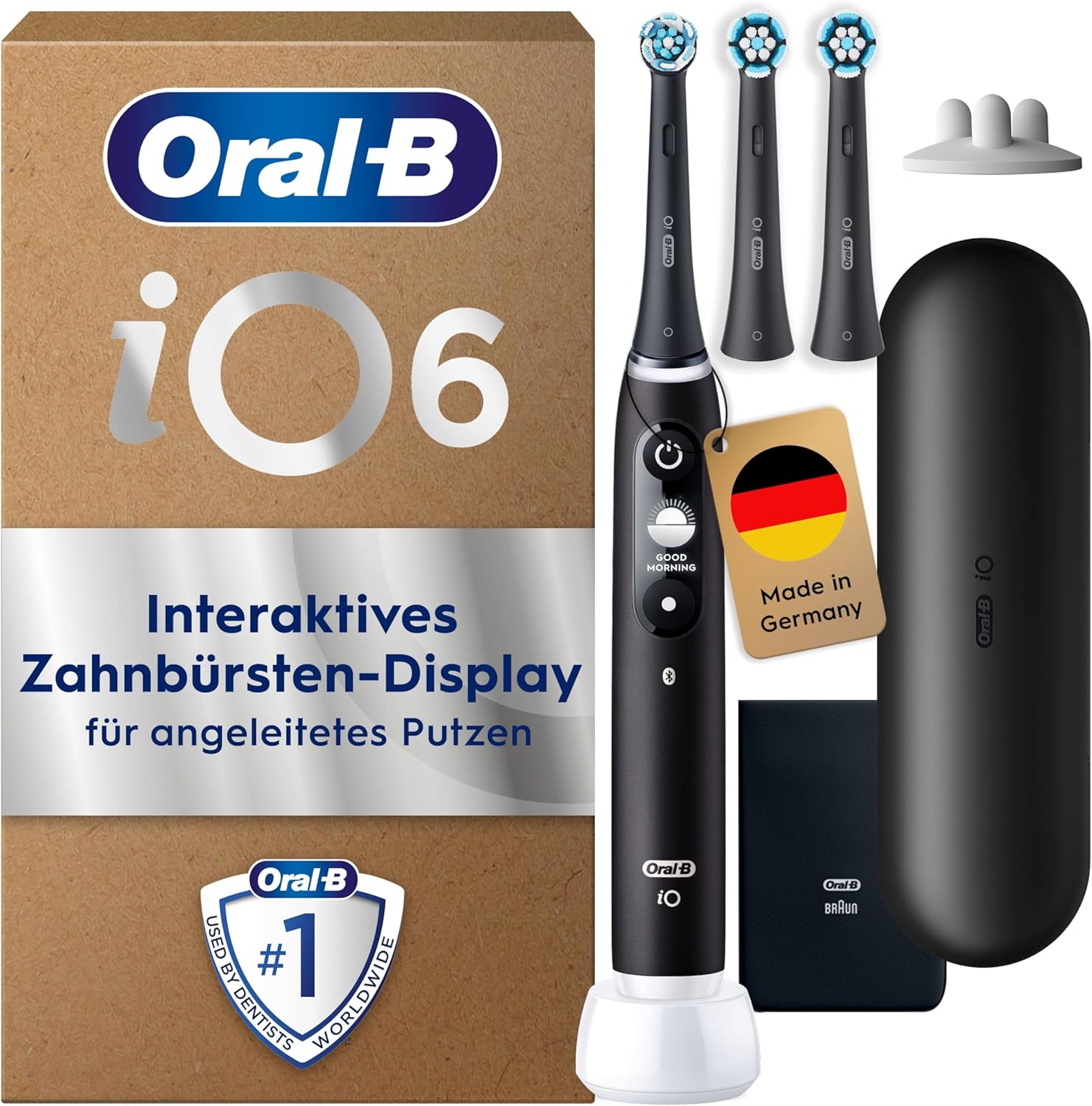 Oral-B iO Series 6 Plus Edition Elektrische Zahnbürste — Electric Toothbrush, Inkl. 3 Aufsteckbürsten, 5 Putzmodi für Zahnpflege, Reise-Etui — Zahnbürste Elektrisch, Designed by Braun, Schwarz