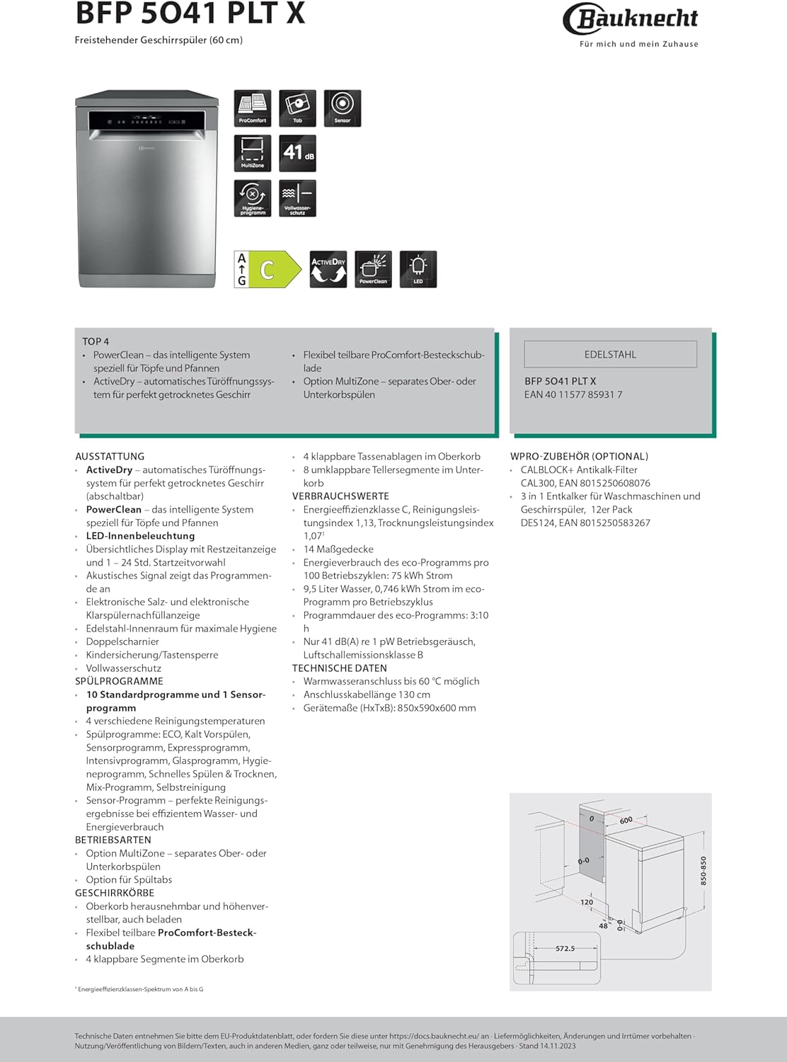 Bauknecht B7F HP43 XA Freistehender Geschirrspüler/ 60 CM/ 15 Maßgedecke/PowerClean Pro-Effektive Hochdruckdüsen/Natural Dry-Automatische Türoffnung-Bessere Trocknung/Maxi Space-Mehr Innenraum