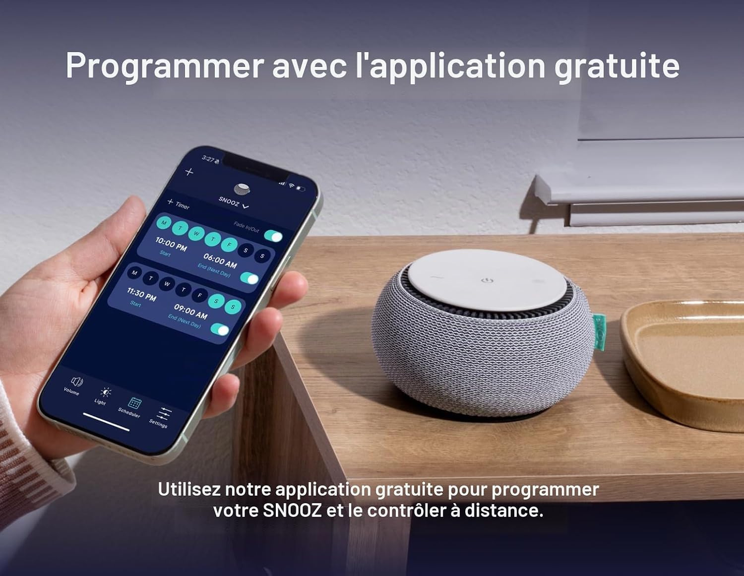 Snooz Machine à bruit blanc – Véritable ventilateur interne pour des bruits blancs constants – Contrôle à distance via l'appli, avec minuteur de sommeil et veilleuse