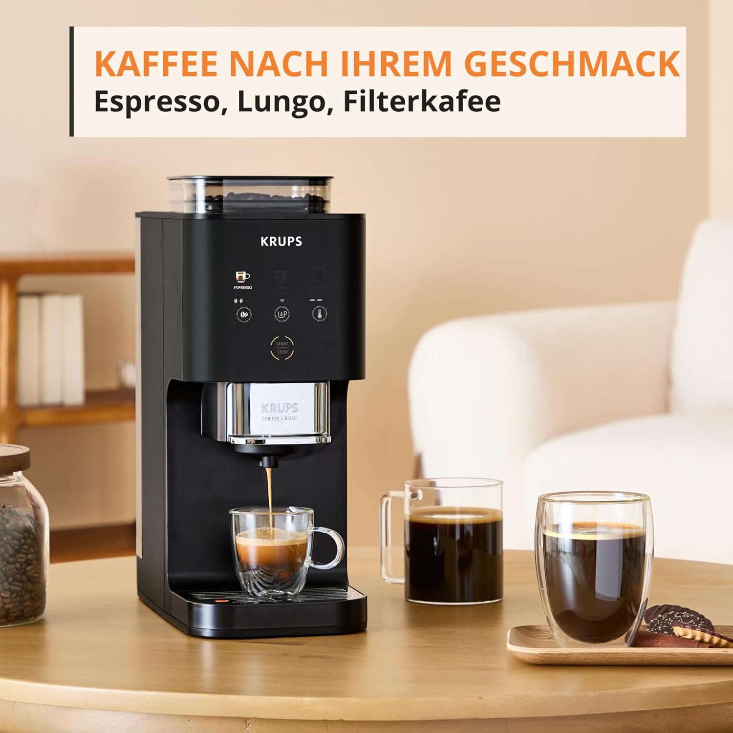 Krups Coffee Crush Extra Kaffeevollautomat, Edelstahlmühle für frisch gemahlenen Kaffee, nur 15 cm breit, smartes Bedienfeld, auch für vorgemahlenen Kaffee, einfache Reinigung, Schwarz, SA4028E0