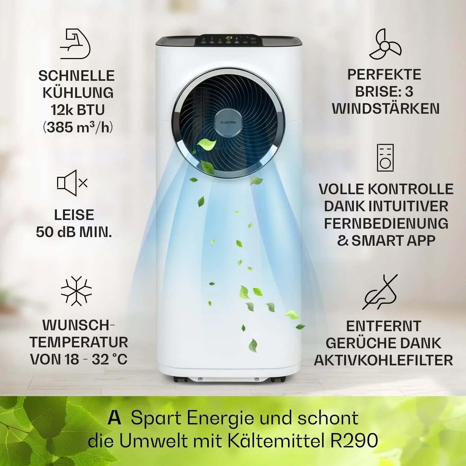 Klarstein Mobile Klimaanlage mit Abluftschlauch, 5-in-1 Klimager?t, Ventilator, Luftentfeuchter, Luftreiniger & Nachtmodus, App-Steuerung, Kleine & Portable, f��r Wohnung & B��ro, 12000 BTU
