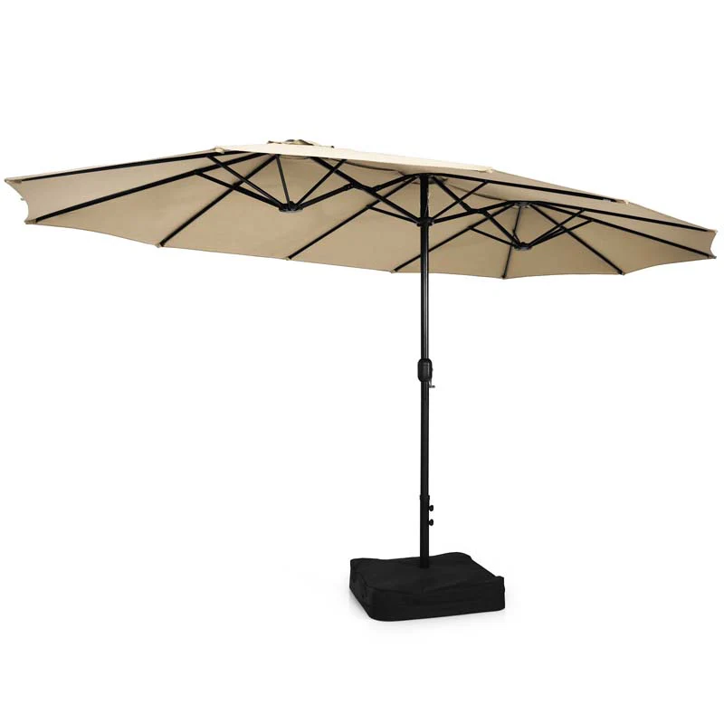 10Pcs Patio Rattan Dining Set with 15FT Double-Sided Umbrella, Heavy Duty Acacia Wood Table & Stackable Wicker Chairs