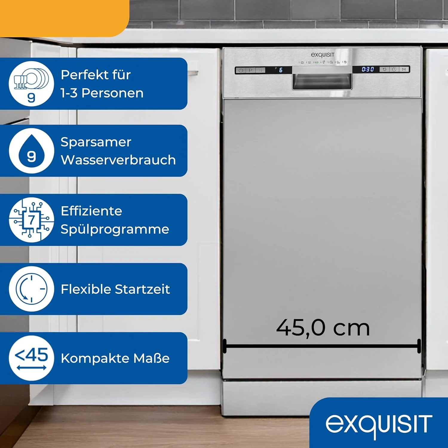Exquisit Geschirrsp��ler, 9 Ma?gedecke, Sp��lmaschine 45 cm, Power+, ECO-Modus, Geschirrsp��ler 45 cm, GSP59109-030E silber