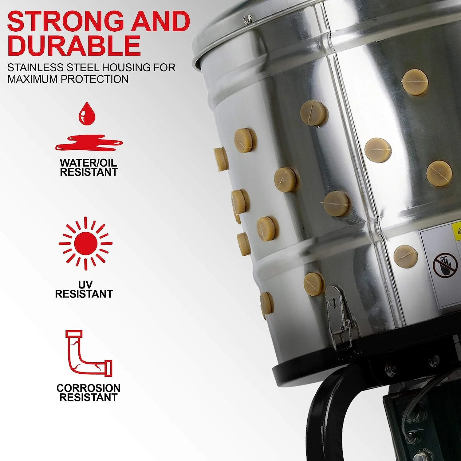 Kitchener Chicken Plucker De-Feather Remover Poultry and Fowl Food Processor Electric Stainless Steel Heavy Duty 1HP 120VAC 280RPM GFCI Connector 92 Soft Fingers 20 Drum Diameter