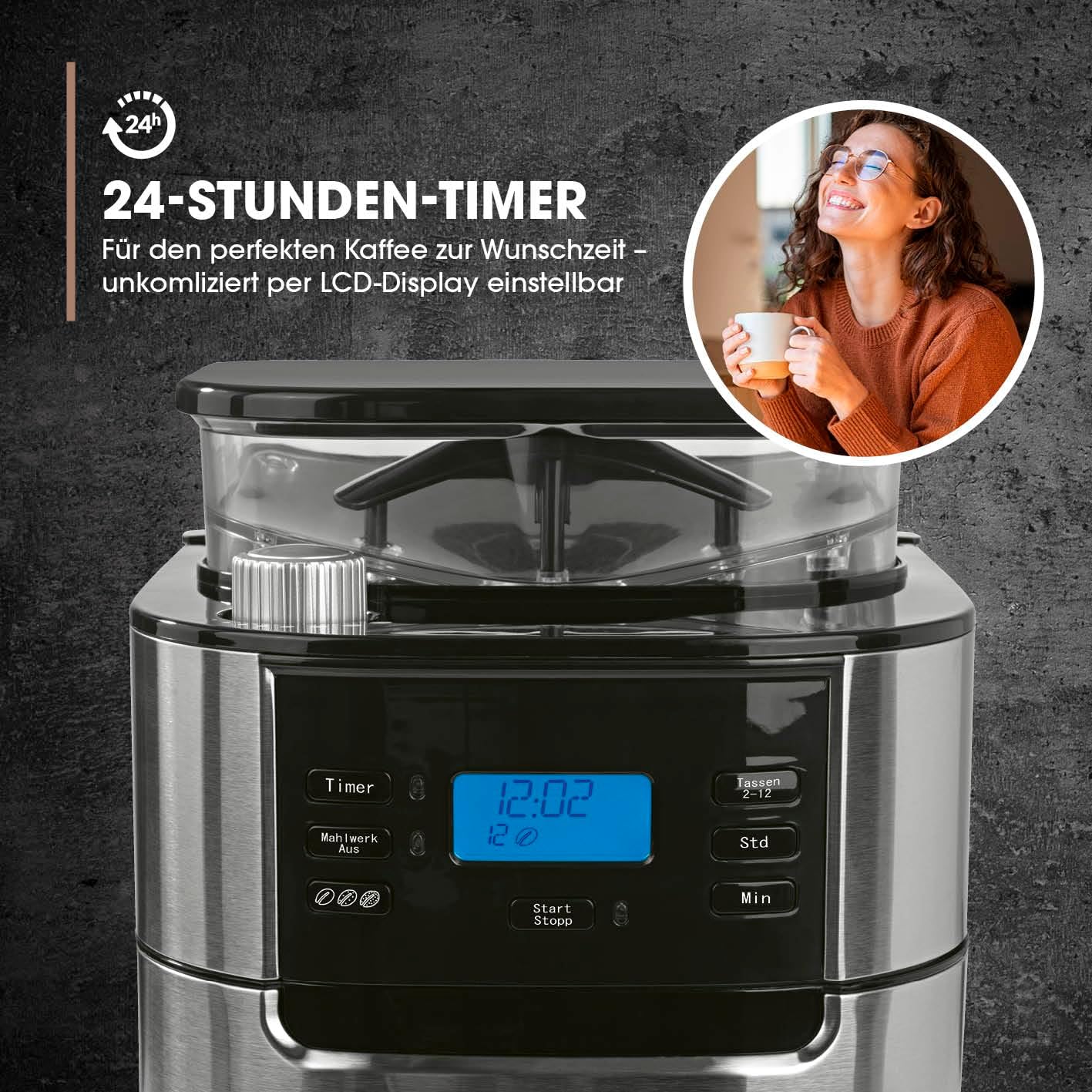 Barista filterkoffiezetapparaat met verstelbare molen & thermoskan | Warmhoudfunctie, 24-uurs timer & permanent filter | Voor 10 koppen koffie | Koffiezetapparaat voor bonen & poeder [roestvrij staal]