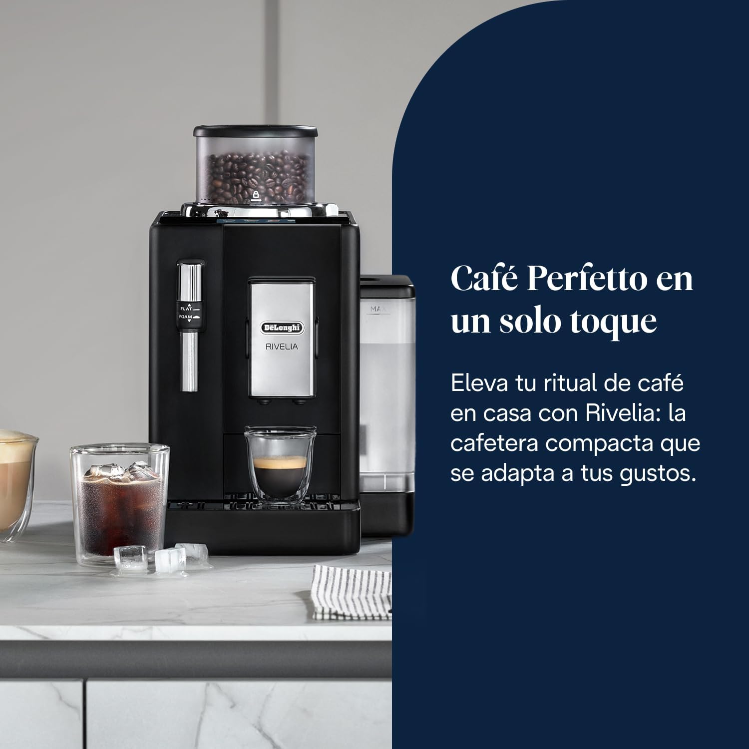 De’Longhi Rivelia – Perfetto Cafetera Superautomática, Espumador de Leche manual, 8 Bebidas One-Touch, Pantalla Táctil a Color, Depósitos de Granos de Café Intercambiables, Negro (EXAM440.35.B)