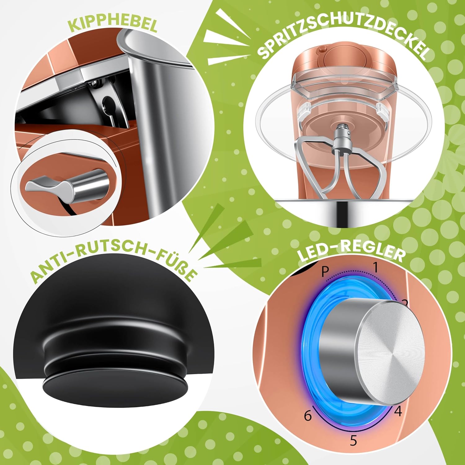 KESSER® Küchenmaschine 3in1 mit Fleischwolf & Mixer, 1500W Knetmaschine 5,5L Rührschüssel + Spritzschutz, 6 Geschwindigkeiten, Knethaken, Schneebesen, Rührhaken & Raspeln, Backen & Kochen, Kupfer