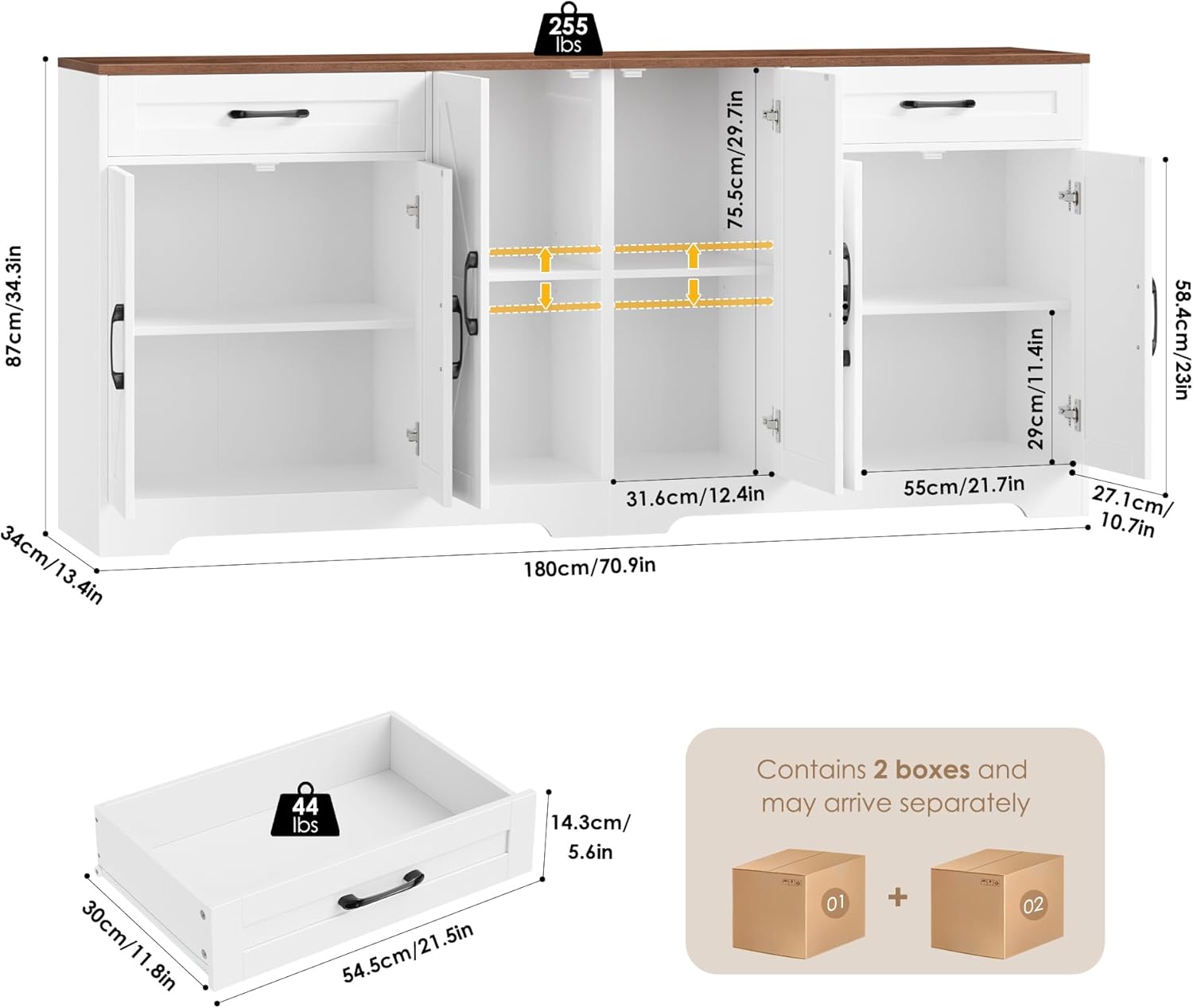 HOCSOK Sideboard, 180cm Breit Küchenschrank mit Arbeitsplatte, Sideboard Küche mit 6 Türen und 2 Schubladen, Anrichte Küchenbuffet Buffetschrank mit Verstellbare Regal für Wohnzimmer, 180×87×34 cm