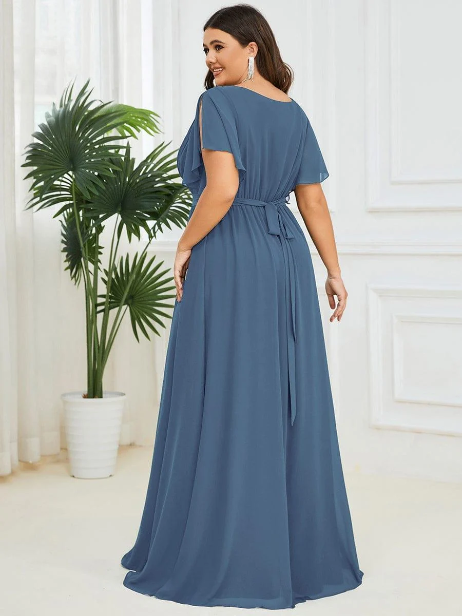 Abendkleid Damen Maxi A-Linie aus Chiffon | Festliches Kleid f��r Hochzeitsg?ste mit V-Ausschnitt und Fl��gel?rmeln