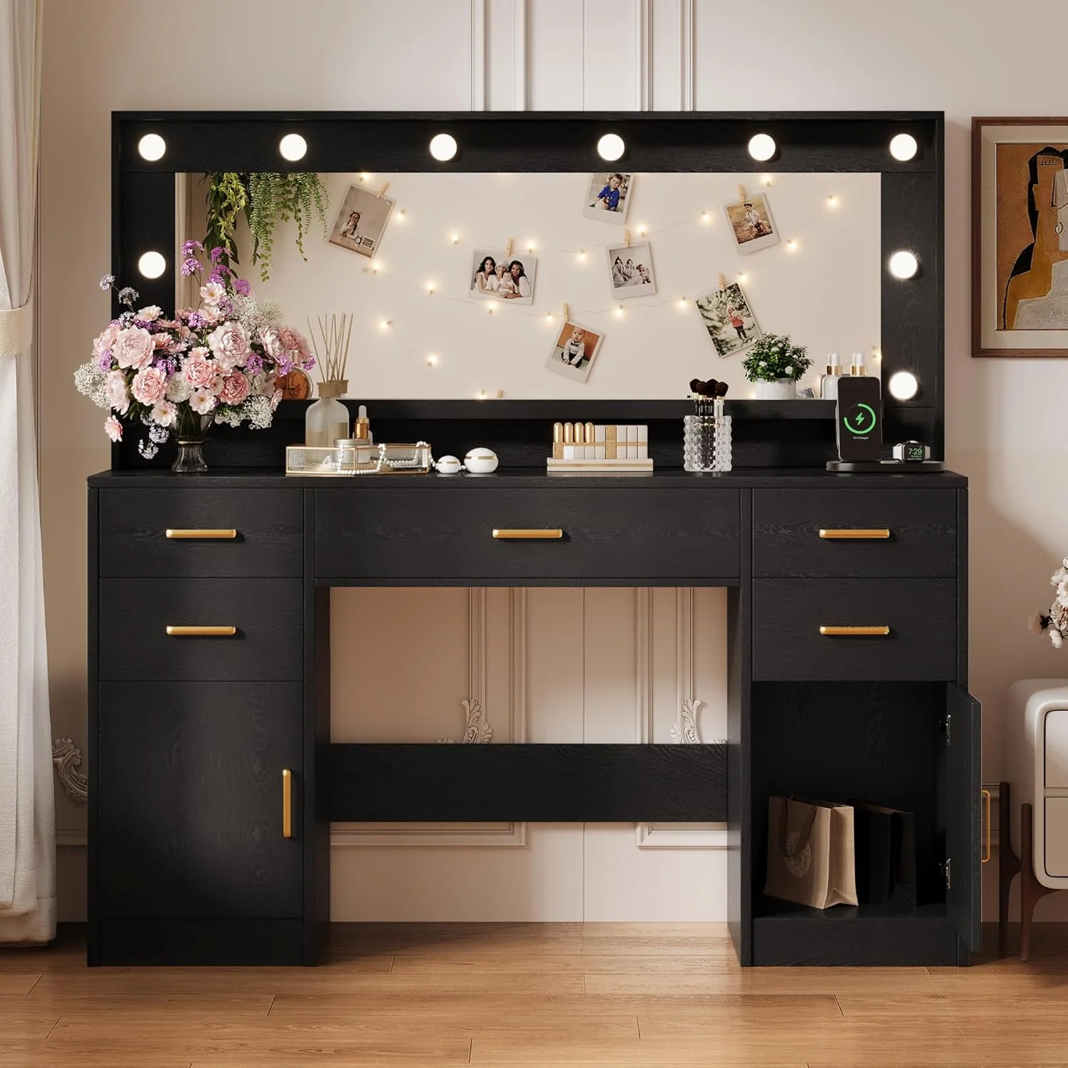 Black Vanity Desk with Mirror, Lights & Charging Station, 58.3