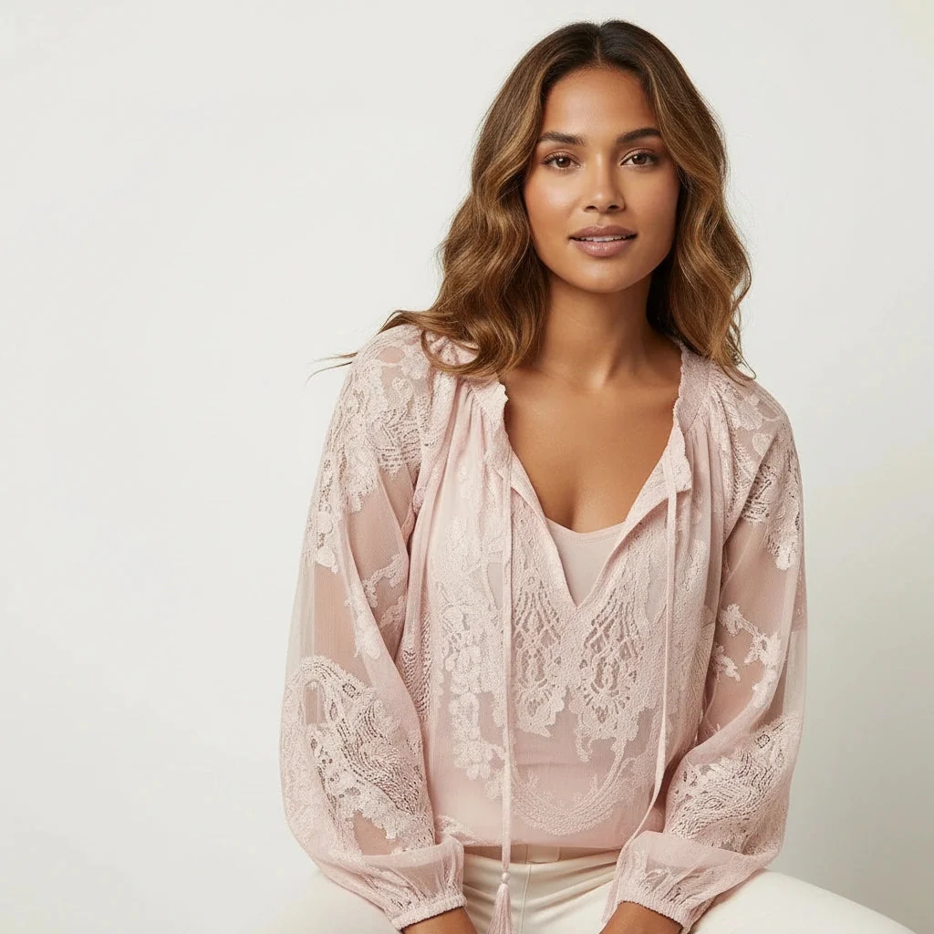 Damenbluse mit Spitze im Boho-Stil | Luftige Sommerbluse locker geschnitten | Feminine Spitzenbluse f��r Freizeit und Urlaub