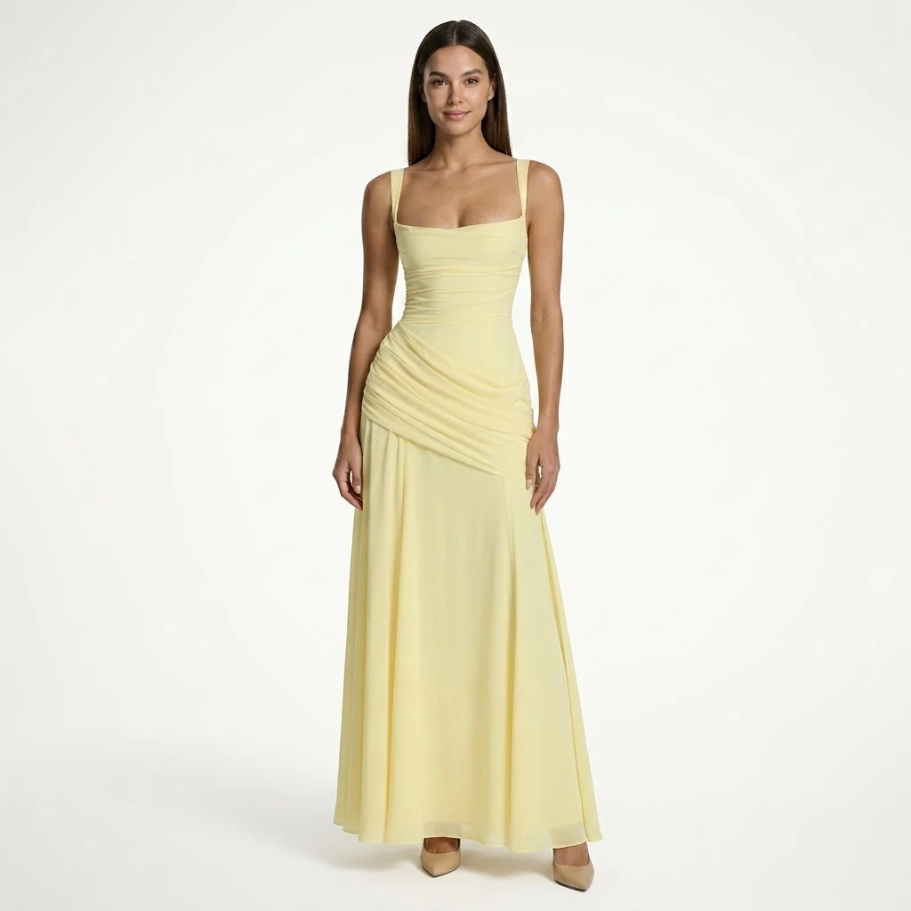 Damen Maxikleid mit Carr��-Ausschnitt und Raffung | Bodenlanges Abendkleid f��r Hochzeitsg?ste und festliche Anl?sse