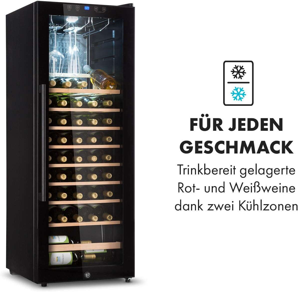 Klarstein Weinkühlschrank, Getränkekühlschrank Schmal, 1 Zone Kühlschrank mit Glastür, Getränkekühlschränke Freistehend, Weinkühlschrank Klein, Weinkühlschränke mit UV-Schutz, 4-18°C, 54 Flaschen