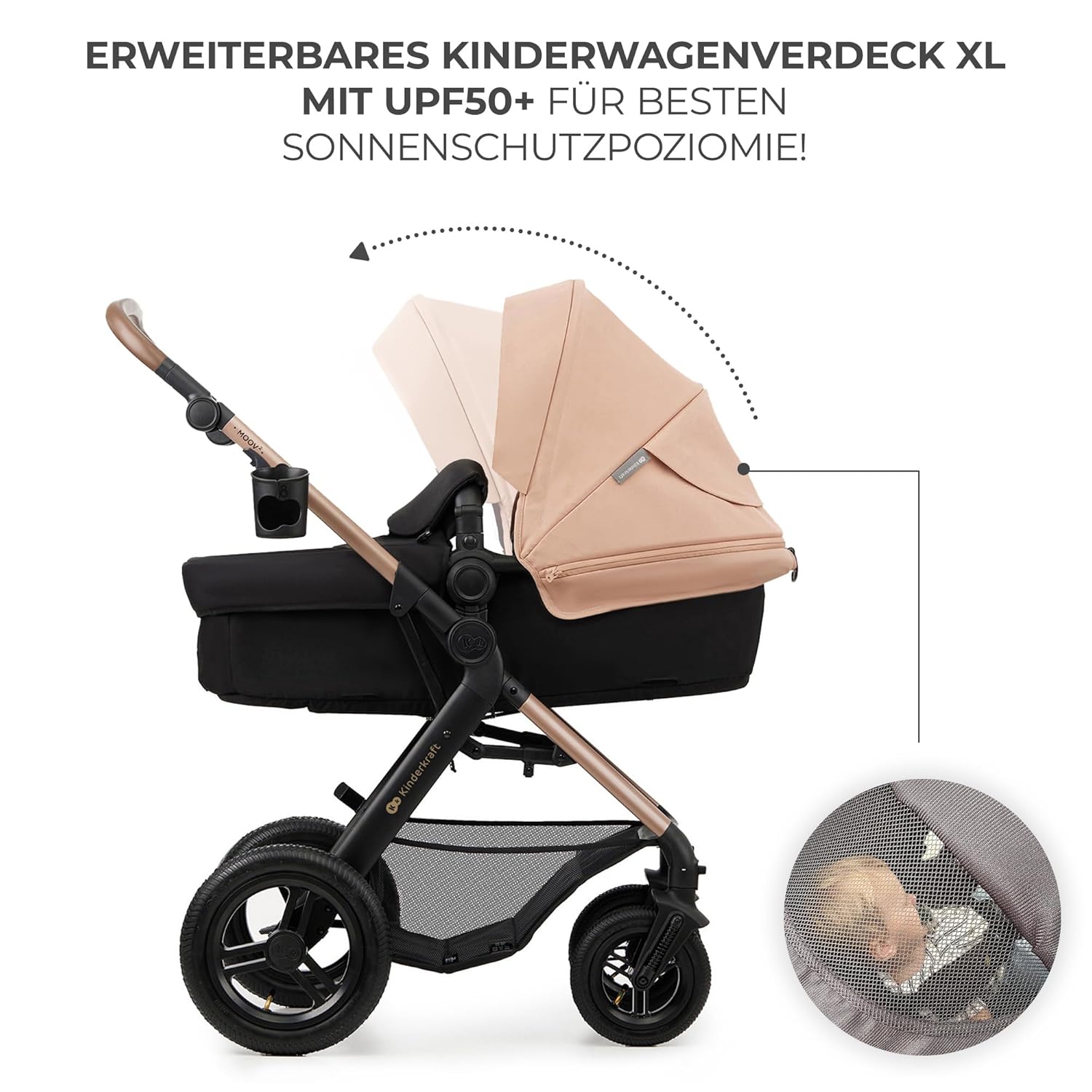 Kinderkraft MOOV2 AIR Kinderwagen 3 in 1 Kinderwagenset bis 26 kg mit Kindersitz I-SIZE 40-75 cm, Buggy Funktion, Liegeposition verstellbar, Große ausziehbare Verdeck, Aufblasbare Räder, Schwarz