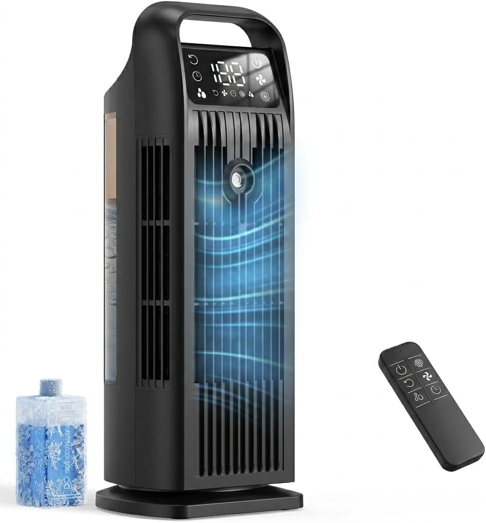 Mobile Klimaanlage ohne Abluftschlauch 6-in-1, Luftkühler mit Wasserkühlung, Mini Klimaanlage Mobil, Klimagerät, 120° Oszillation, 1200ML Tank, 1-12H Timer, Fernbedienung, Mitternachtsschwarz