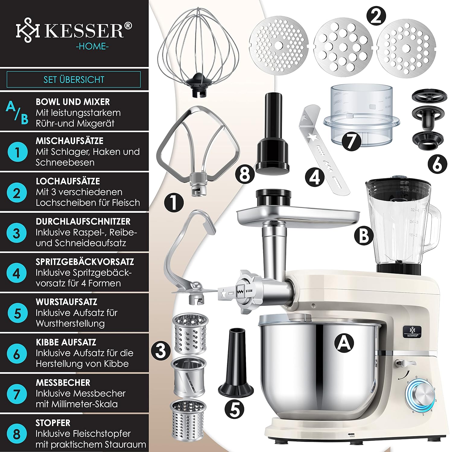 KESSER® 3 in 1 Universal Küchenmaschine K-KM 3000 mit Fleischwolf Knetmaschine Multifunktionale Rührmaschine 5,5L Schüssel mit 3 Rührwerkzeuge, 1,5L Entsafter, Zubehör-Set, Pasta & Gebäckformen