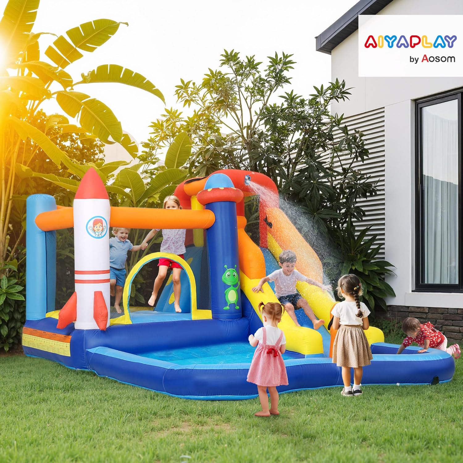 AIYAPLAY Dmuchany zamek z dmuchawą, zjeżdżalnią, brodzikiem, ścianką wspinaczkową, skokiem, armatą wodną, nadmuchiwany zamek z torbą do przenoszenia, do użytku wewnątrz i na zewnątrz, dla dzieci w