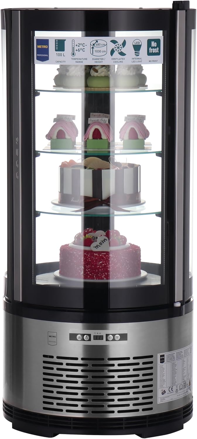 METRO Professional Kuchen-Vitrine GRV1100, Gastro, Edelstahl/Glas, 100 L, Umluftkühlung, 490W, Temperaturanzeige, automatisches Abtauen, rund, silber, Klimaklasse 6