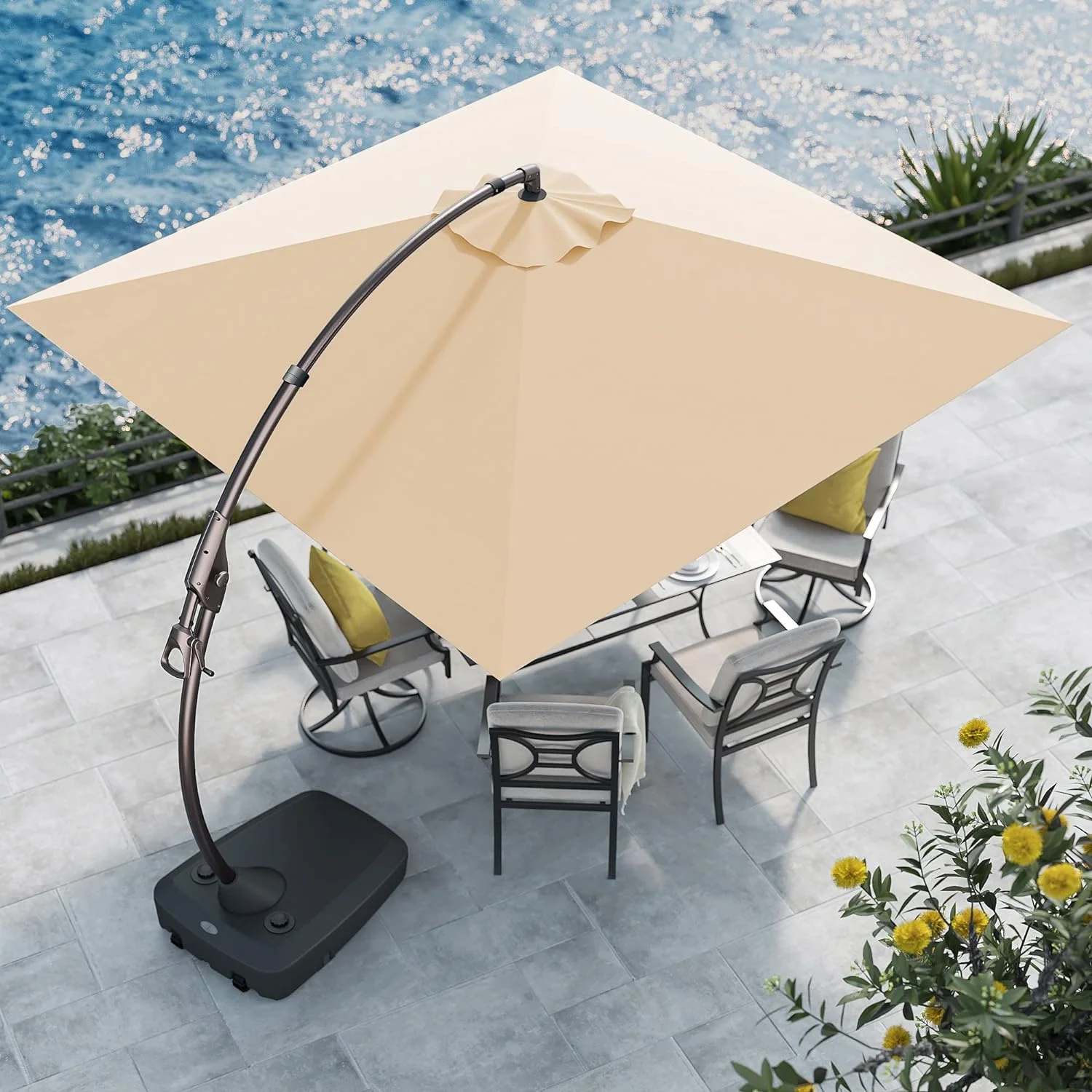 2025 Grand Patio Deluxe Cantilever Parasol van Aluminium Offset 10x10 voet, Rechthoekige Parasol voor Patio met Basis, Champagnekleur