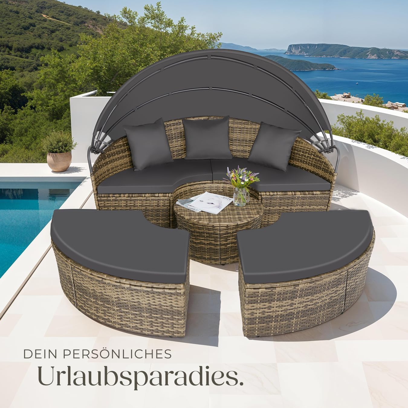tectake® Lounge Muschel Sonneninsel Outdoor wetterfest, Gartenmuschel, Sonnenliege 2 Personen und mehr, multifunktionales Terrasse oder Balkon Möbel, Gartenliege wetterfest - Natur