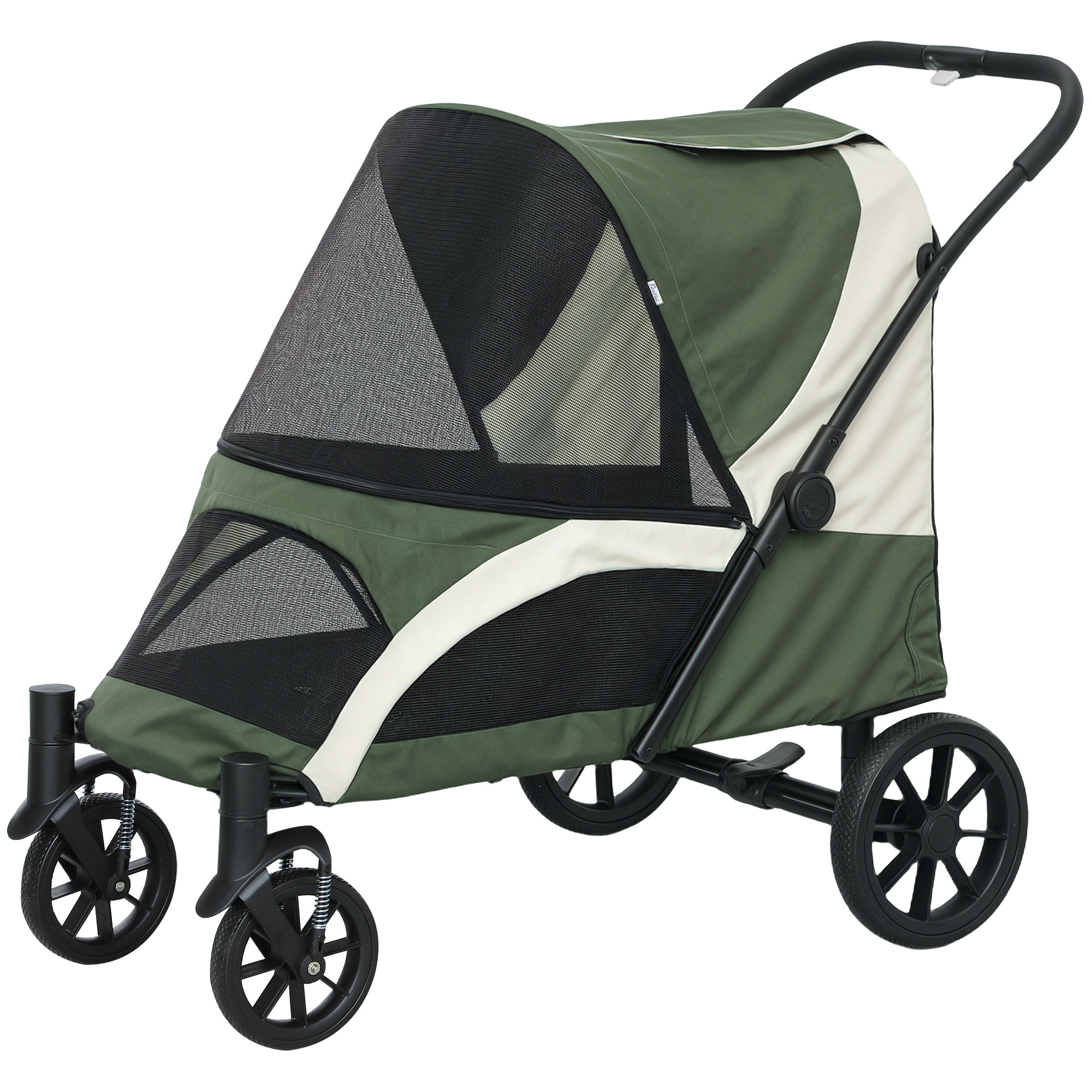 PawHut Hondenbuggy, Opvouwbare Huisdierenwagen voor Grote Honden, met 4 Wielen, Veiligheidslijnen, Remmen, Donkergroen
