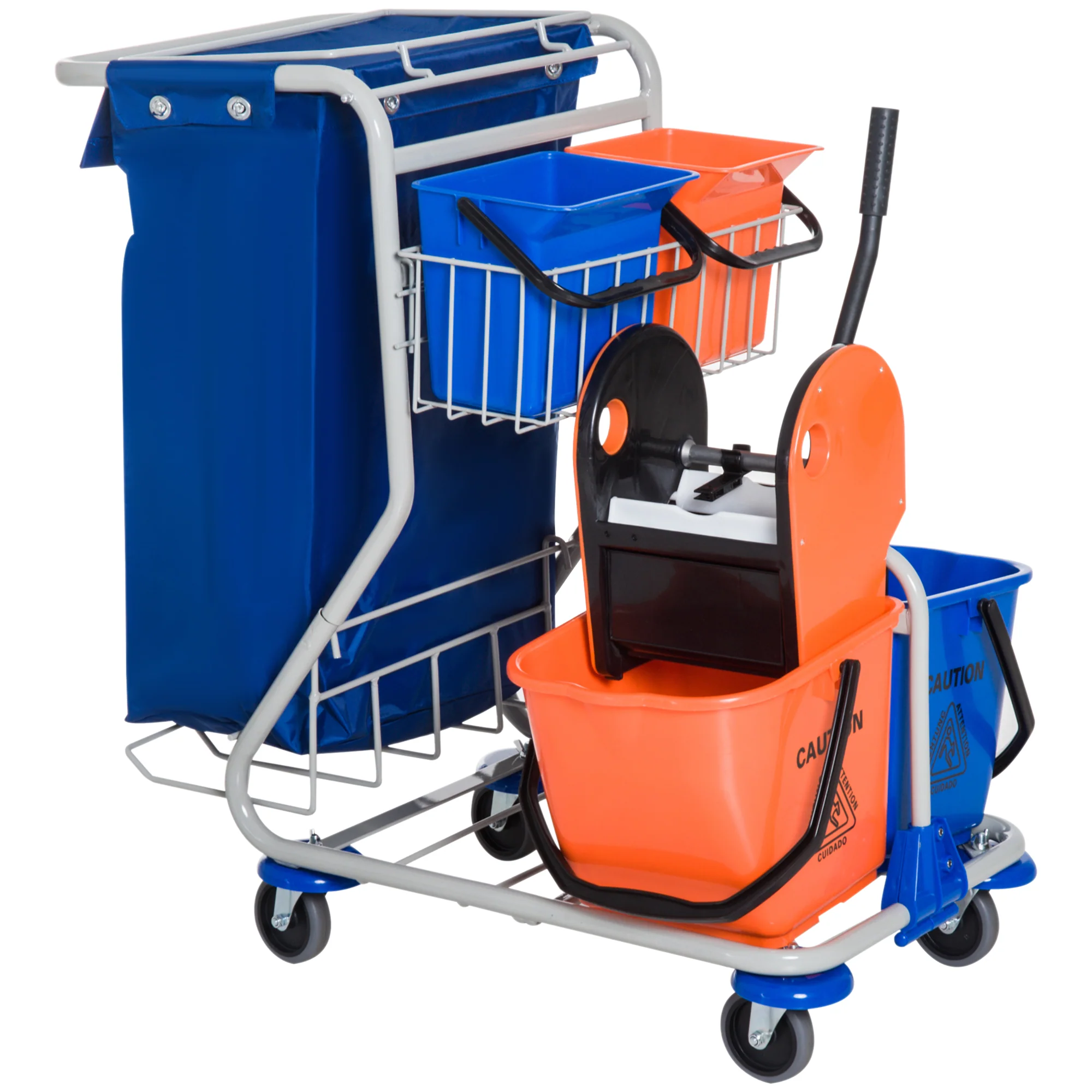 HOMCOM Reinigungswagen Putzwagen 4 Eimer Mopp-Presse Abfallsack